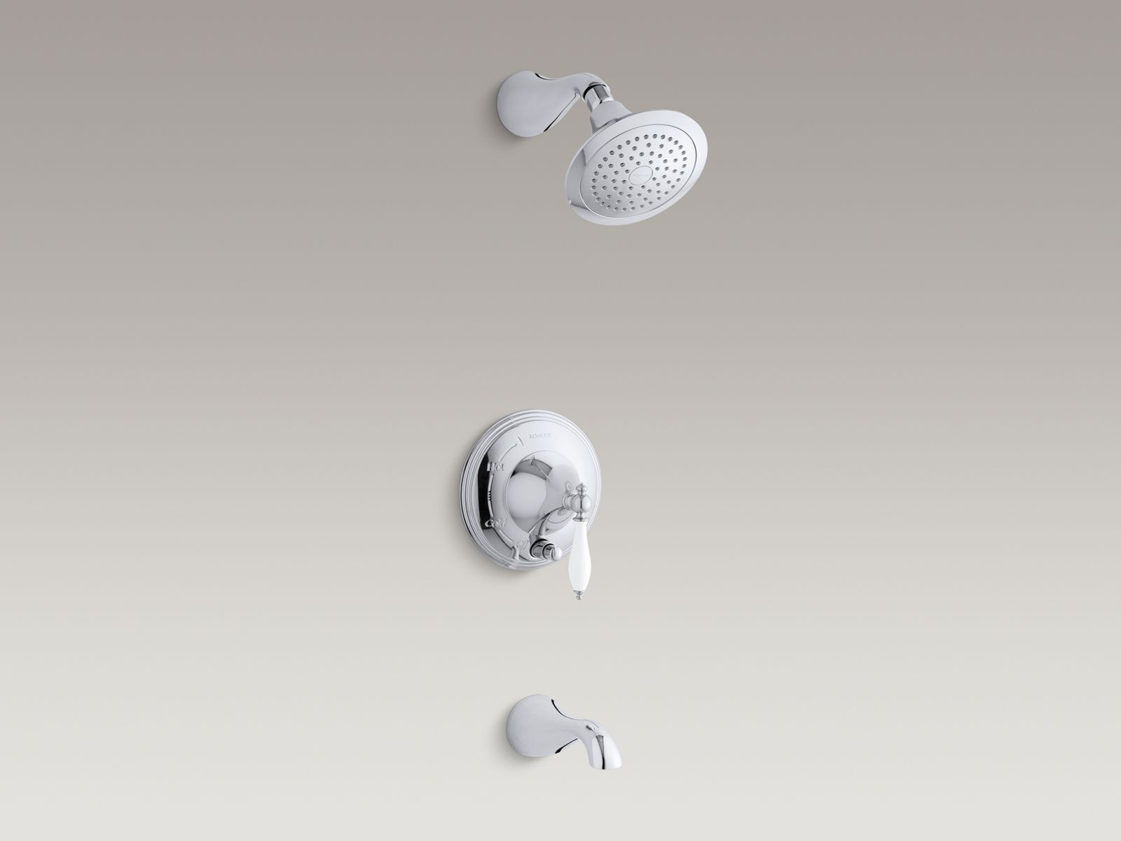 Finial(R) Rite-Temp(R) pressure-balancing bath and shower faucet trim with push-button diverter, lever handle and White handle insert, valve not included
