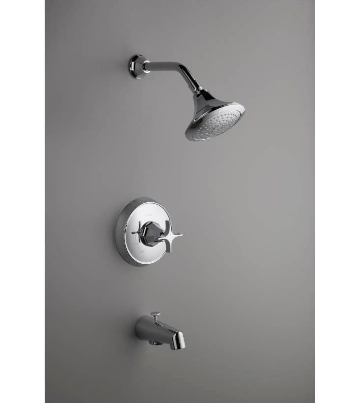 Memoirs(R) Rite-Temp(R) pressure-balancing bath and shower faucet trim with classic design and cross handle, valve not included