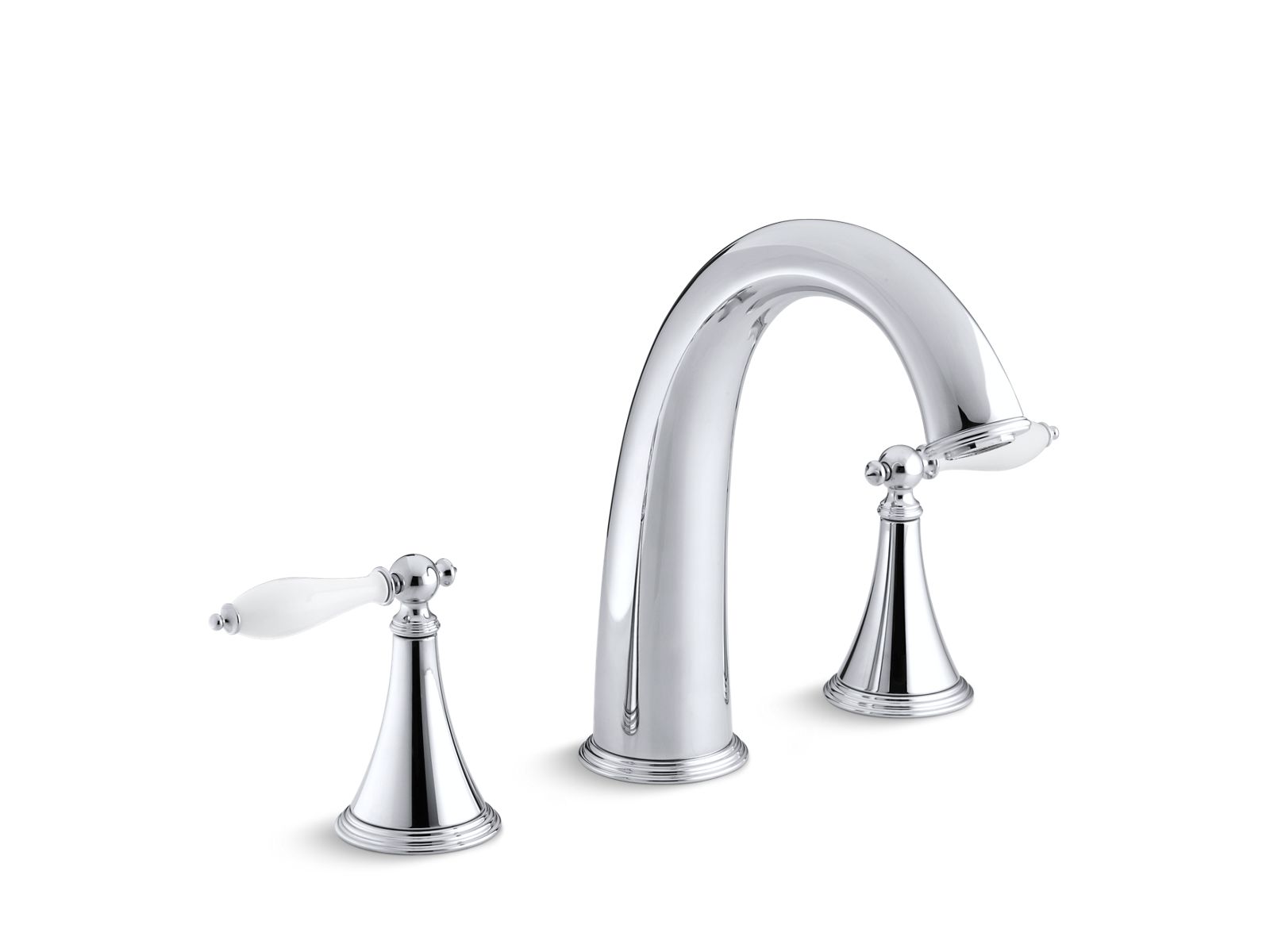 Finial(R) deck-mount bath faucet trim for high-flow valve with lever handles and White handle inserts, valve not included