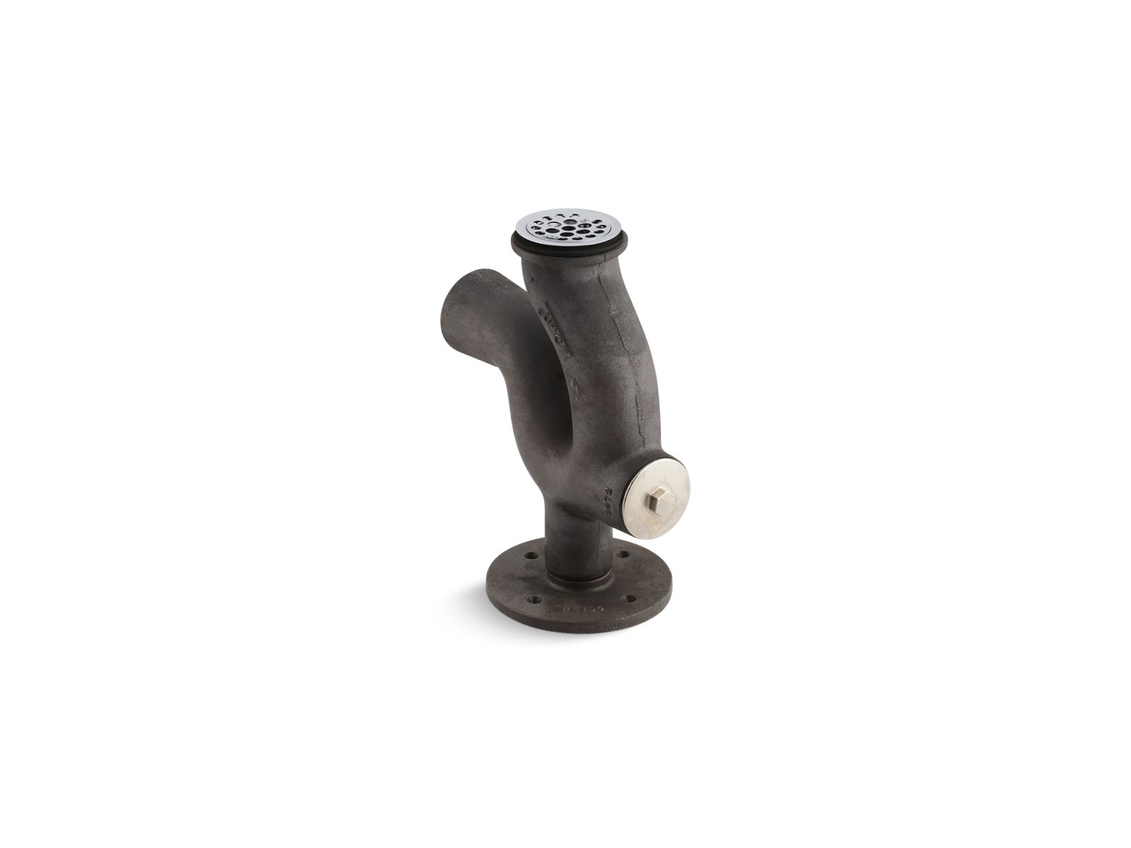 Adjustable trap standard for 2" iron pipe connection with cleanout plug and strainer