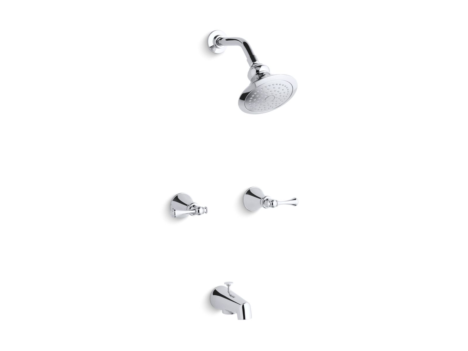 Revival® Bath and shower faucet set with traditional lever handles and single-function showerhead, standard showerarm and flange