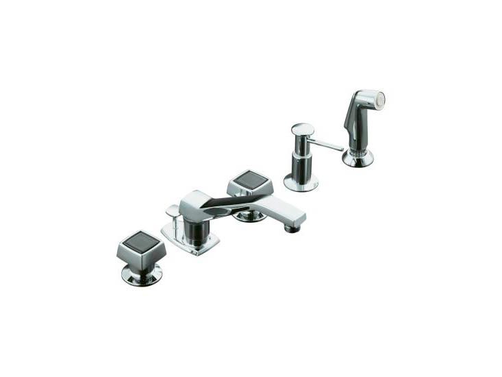 Alterna(R) widespread lavatory shampoo faucet with shampoo spray, soap/lotion dispenser and square handles