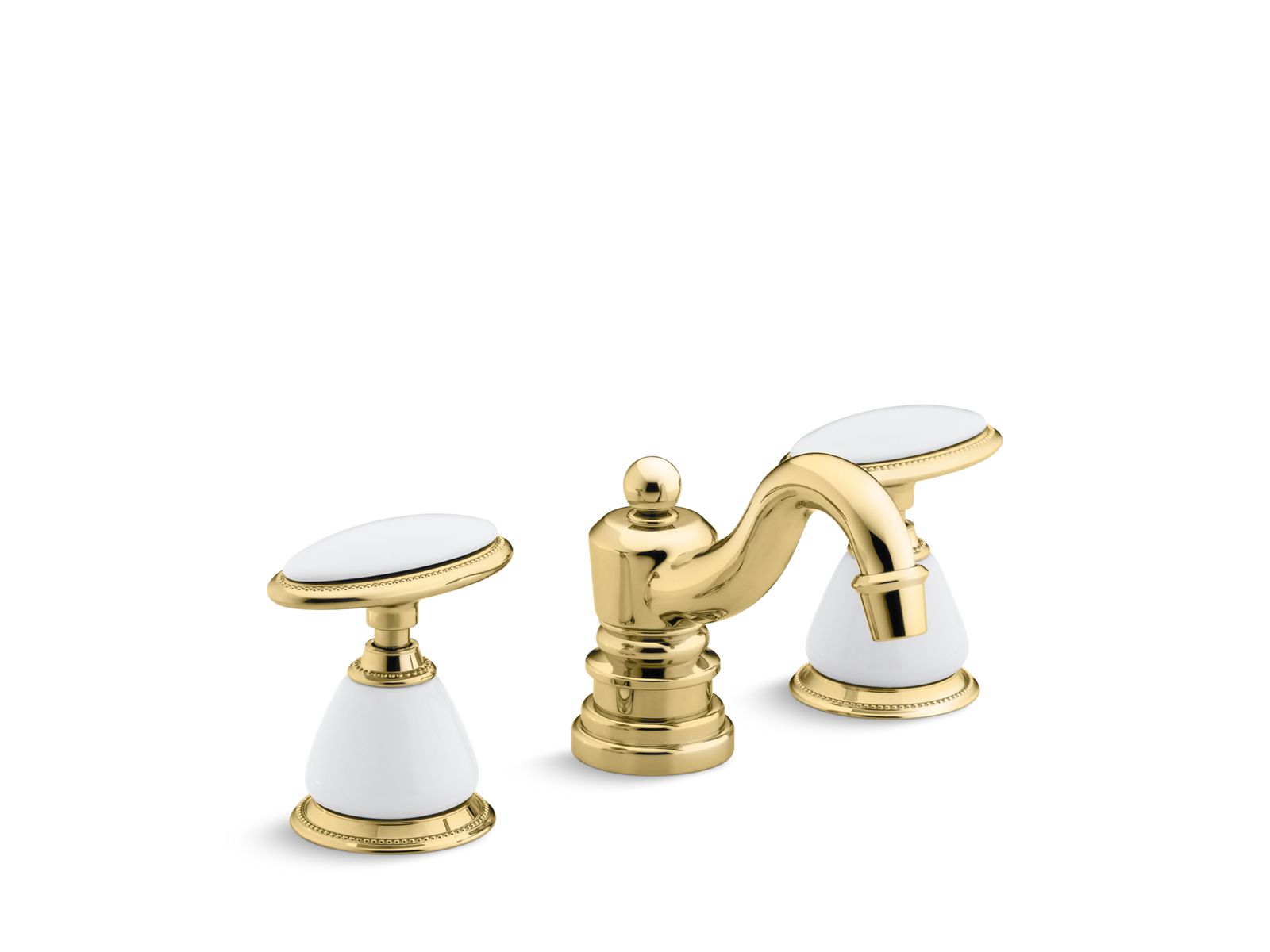 Antique Widespread bathroom sink faucet with oval handles, requires ceramic handle insets and skirts