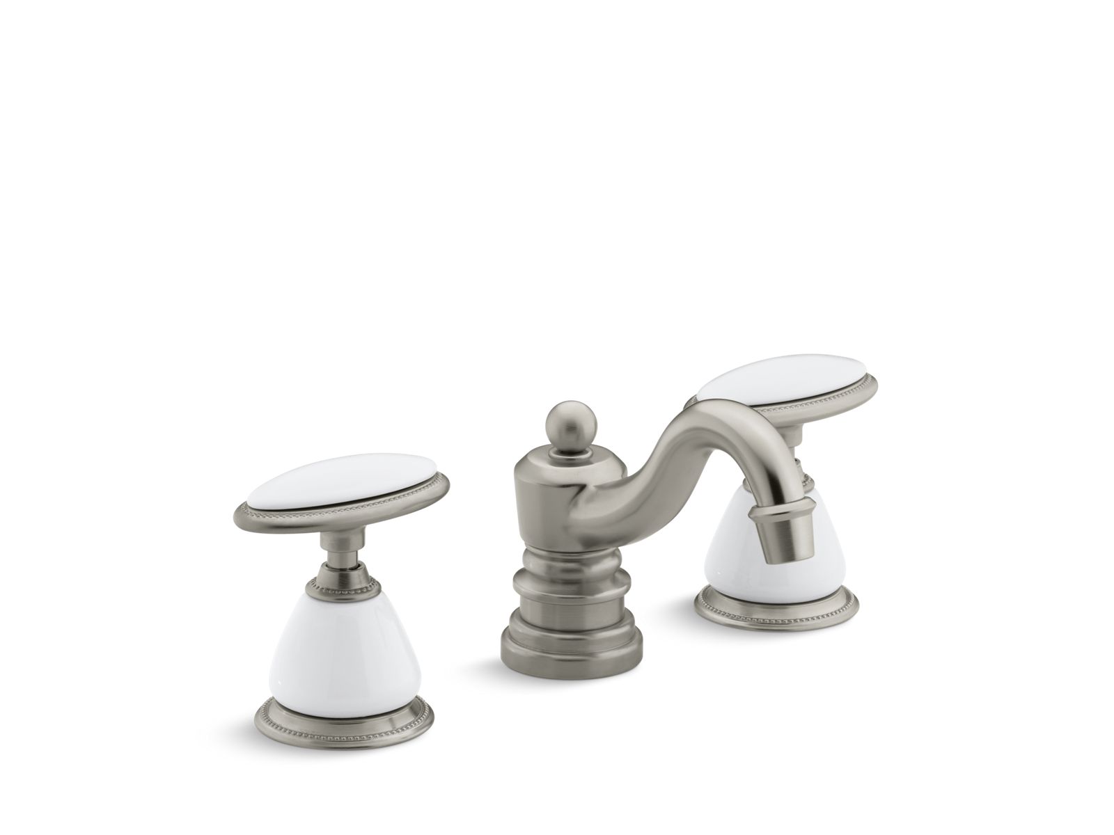 Antique Widespread bathroom sink faucet with oval handles, requires ceramic handle insets and skirts