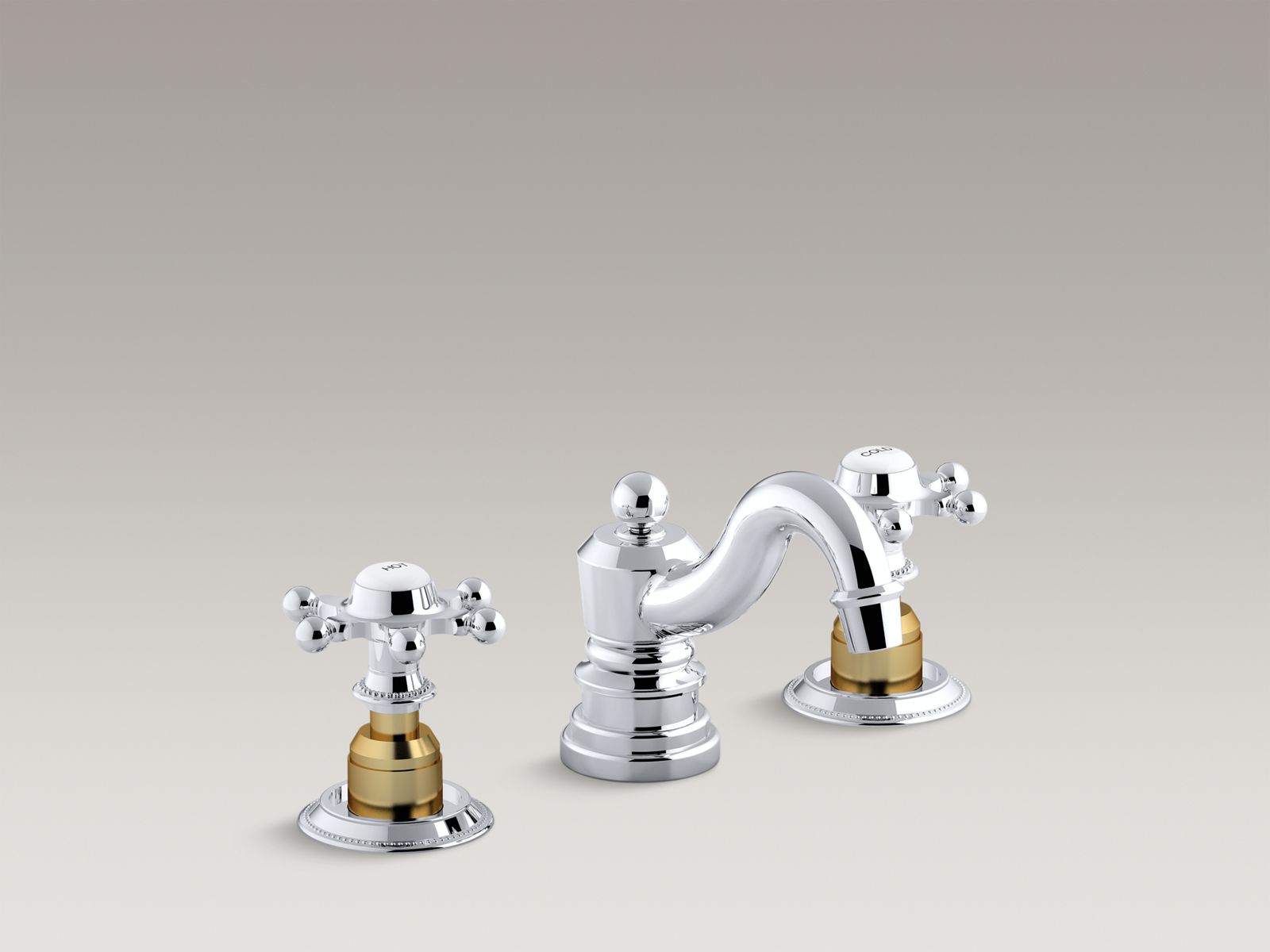 Antique widespread bathroom sink faucet with 6-prong handles, requires ceramic skirts