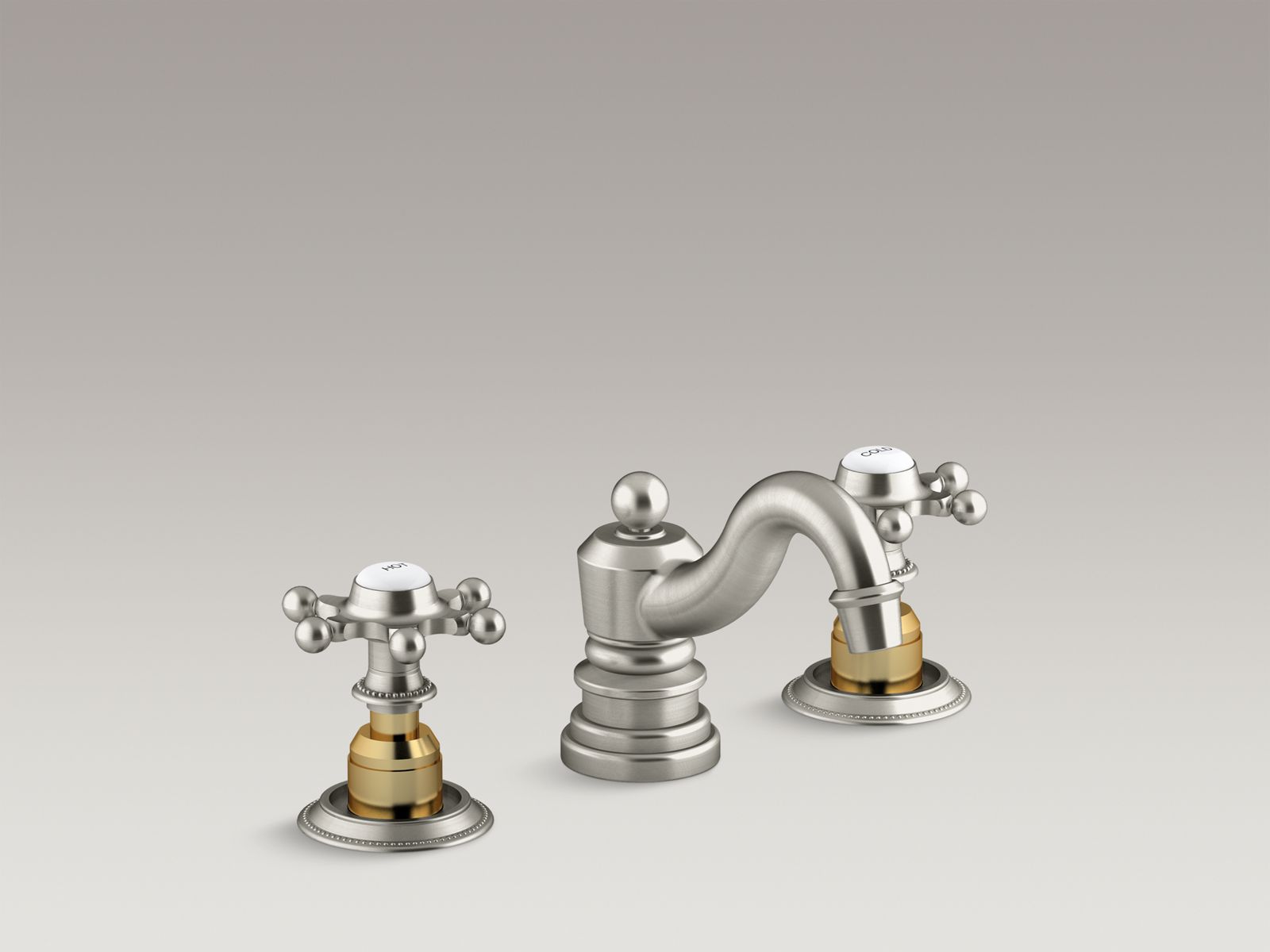 Antique widespread bathroom sink faucet with 6-prong handles, requires ceramic skirts