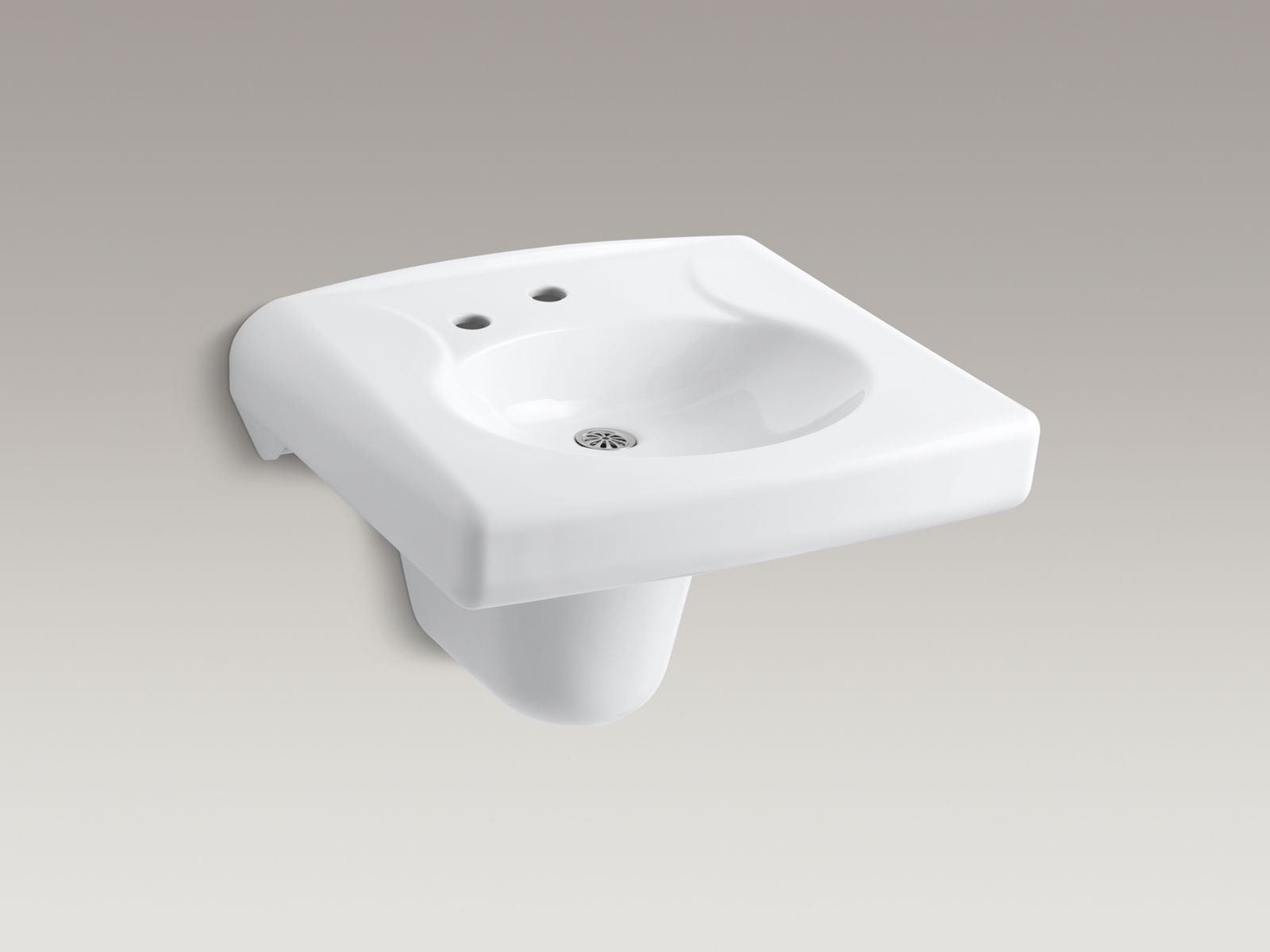 Brenham(TM) wall-mounted or concealed carrier arm mounted commercial bathroom sink with single faucet hole, shroud  and left-hand soap dispenser hole