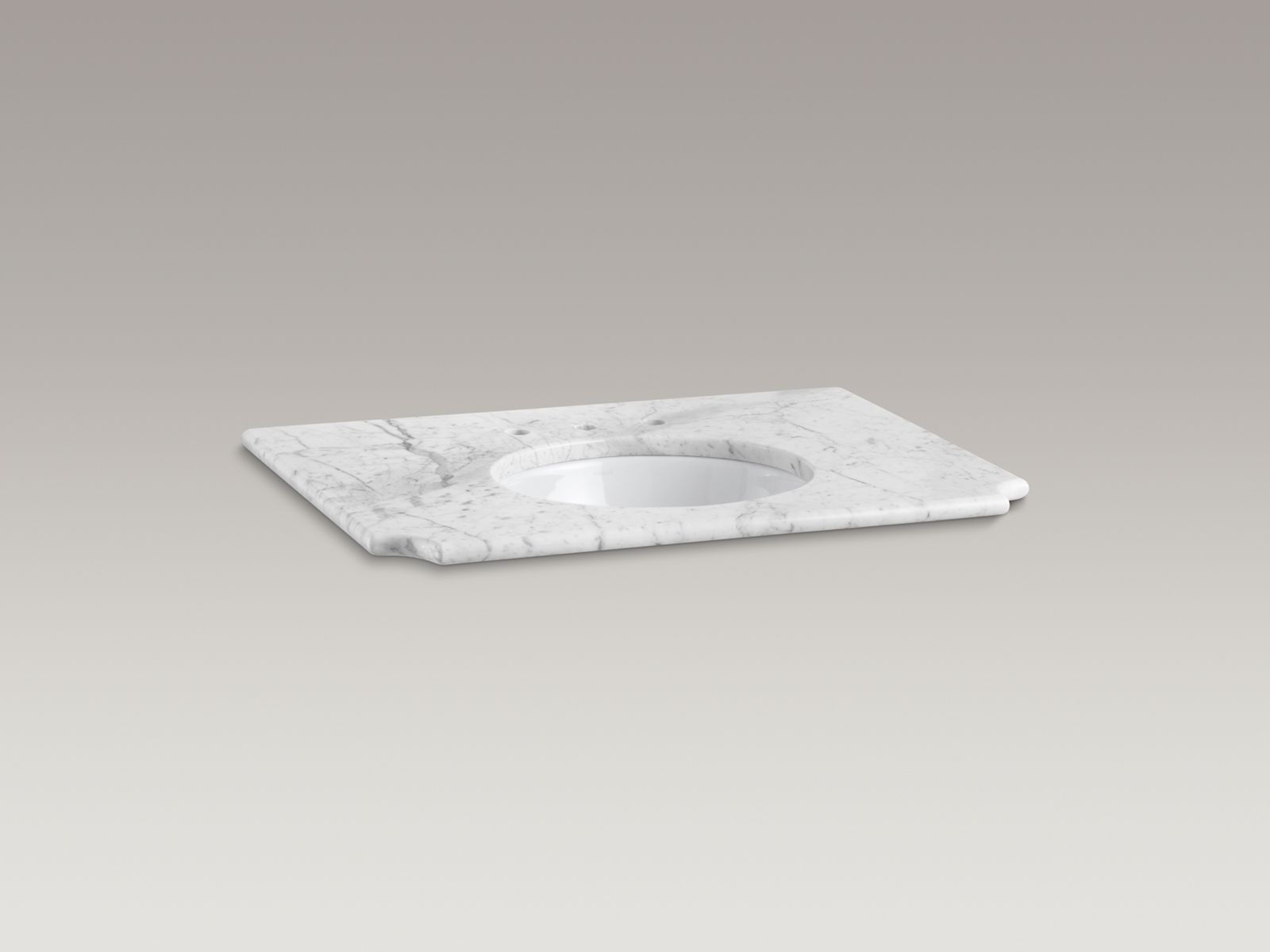 KOHLER(R) 36" x 24" natural marble console with 8" widespread faucet holes and cut for 17" x 14" oval under-mount bathroom sink