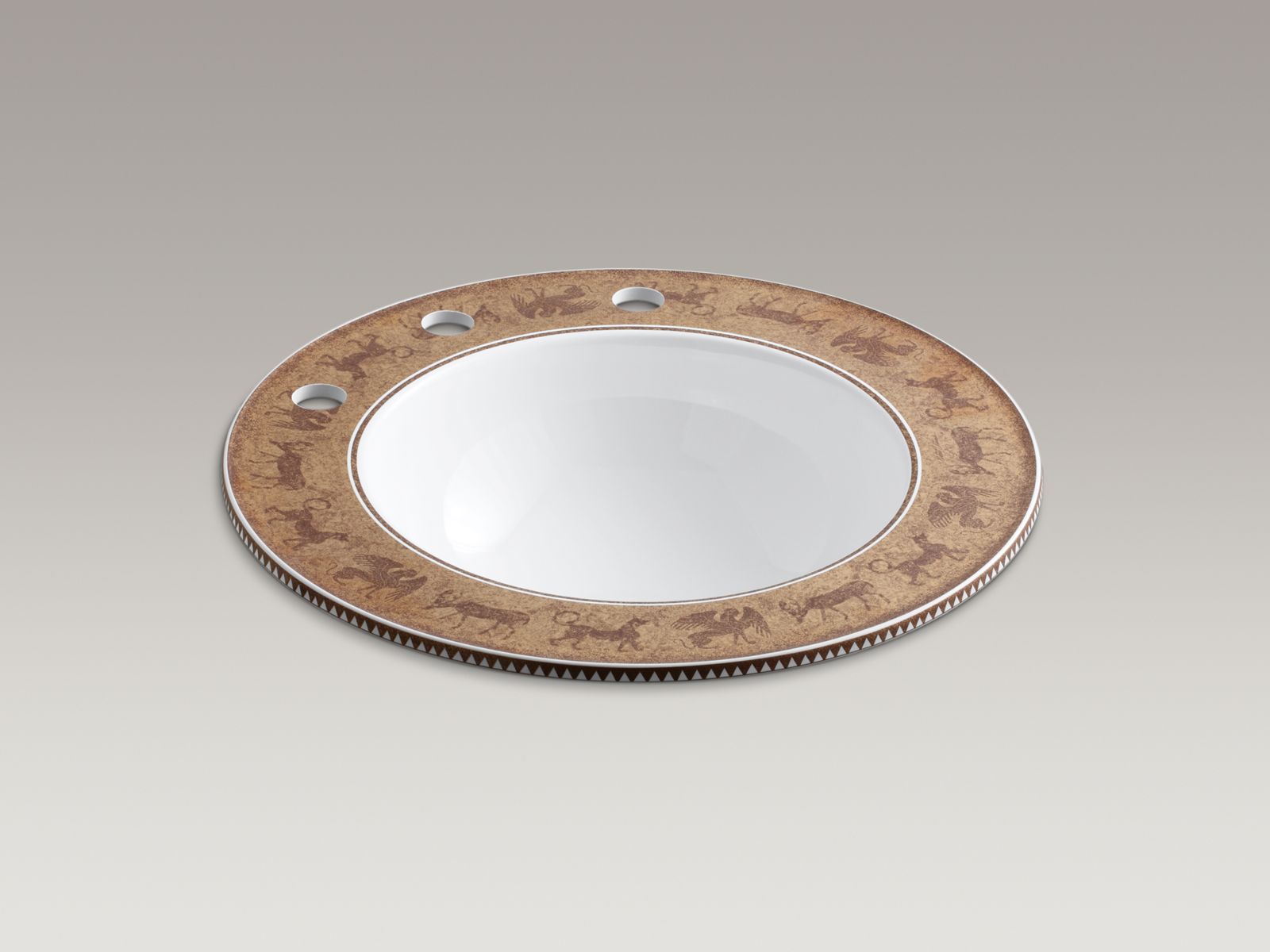 Mythical Beasts(TM) design on Camber(R) drop-in bathroom sink with Gold textured rim and 10" widespread faucet holes