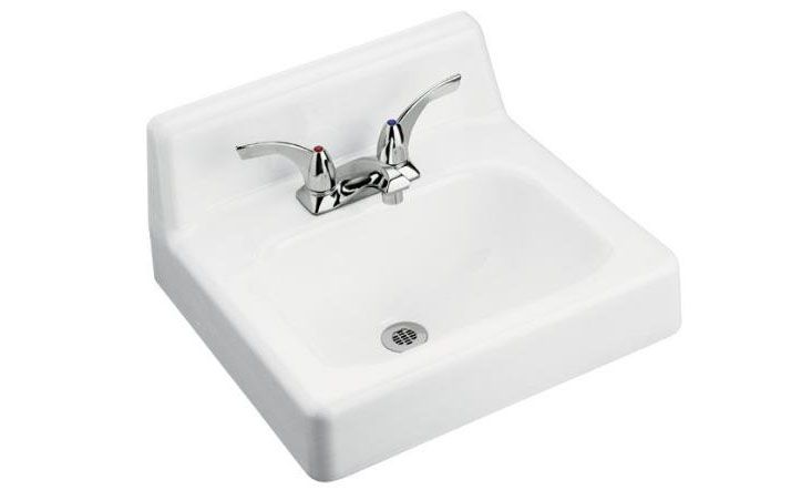 Hudson(TM) wall-mount lavatory with 4" centers, lugs for chair carrier, through-going bolts and left-hand soap/lotion dispenser hole drilling