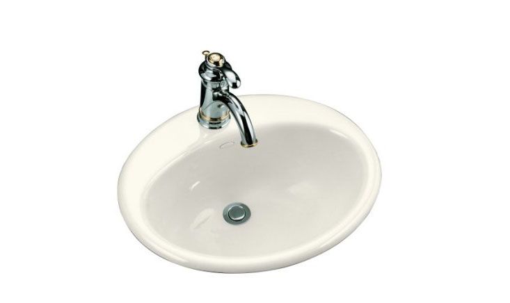Farmington(R) self-rimming lavatory with single-hole faucet drilling and soap/lotion dispenser drilling on right