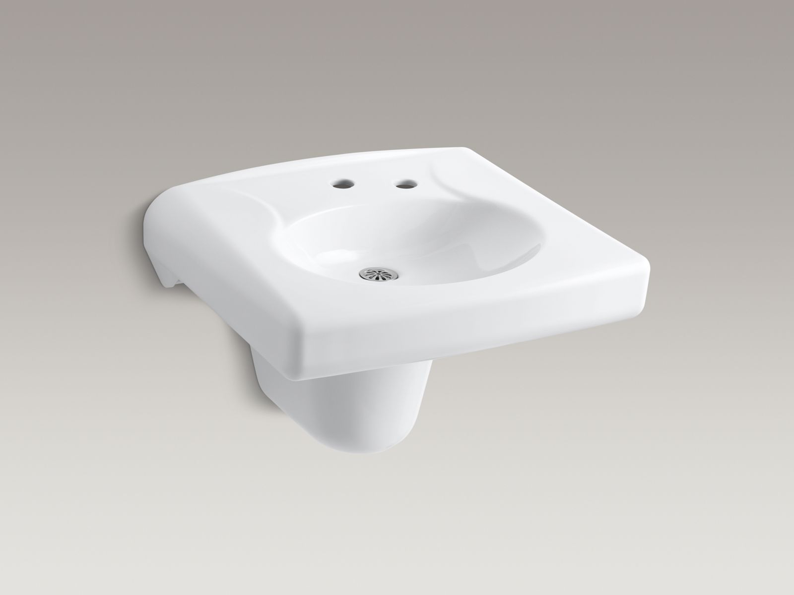 Brenham(TM) wall-mounted or concealed carrier arm mounted commercial bathroom sink with single faucet hole, shroud and right-hand soap dispenser hole