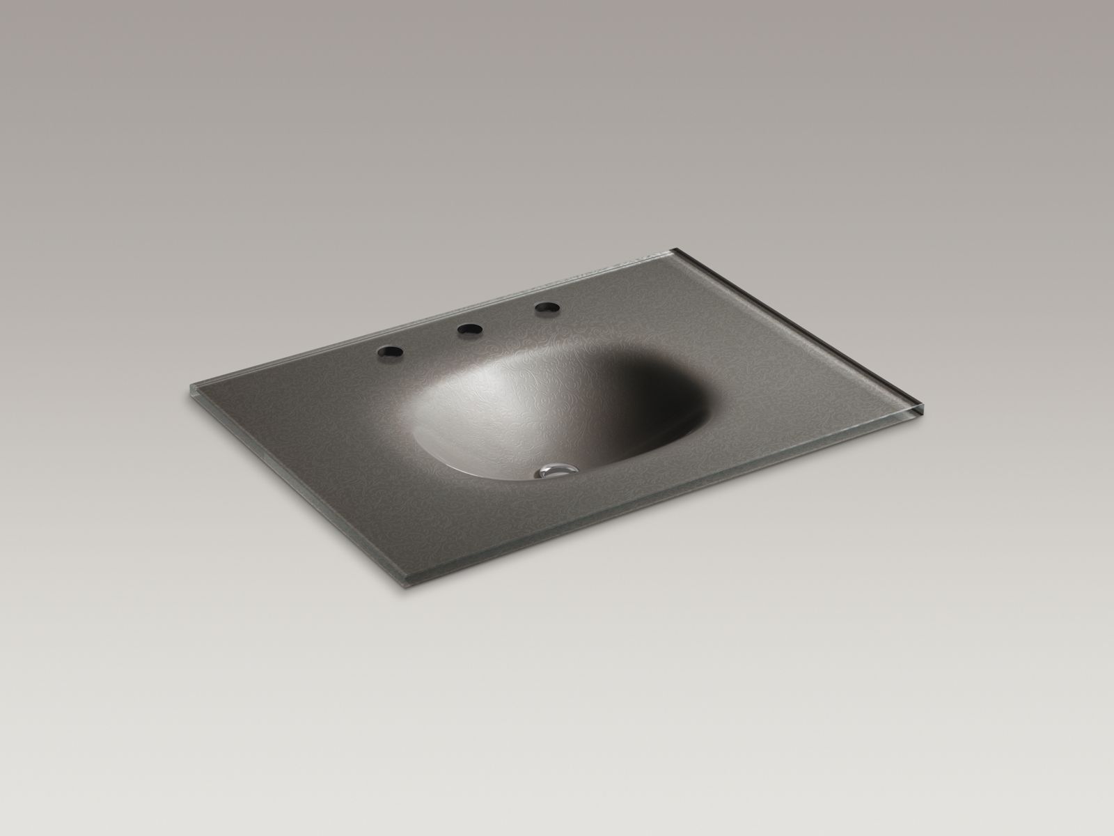Tracery(R) decorated slumped glass bathroom sink with 10" widespread faucet holes