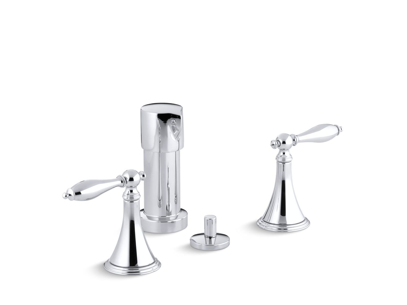 Finial® Vertical spray bidet faucet with lever handles and matching handle inserts