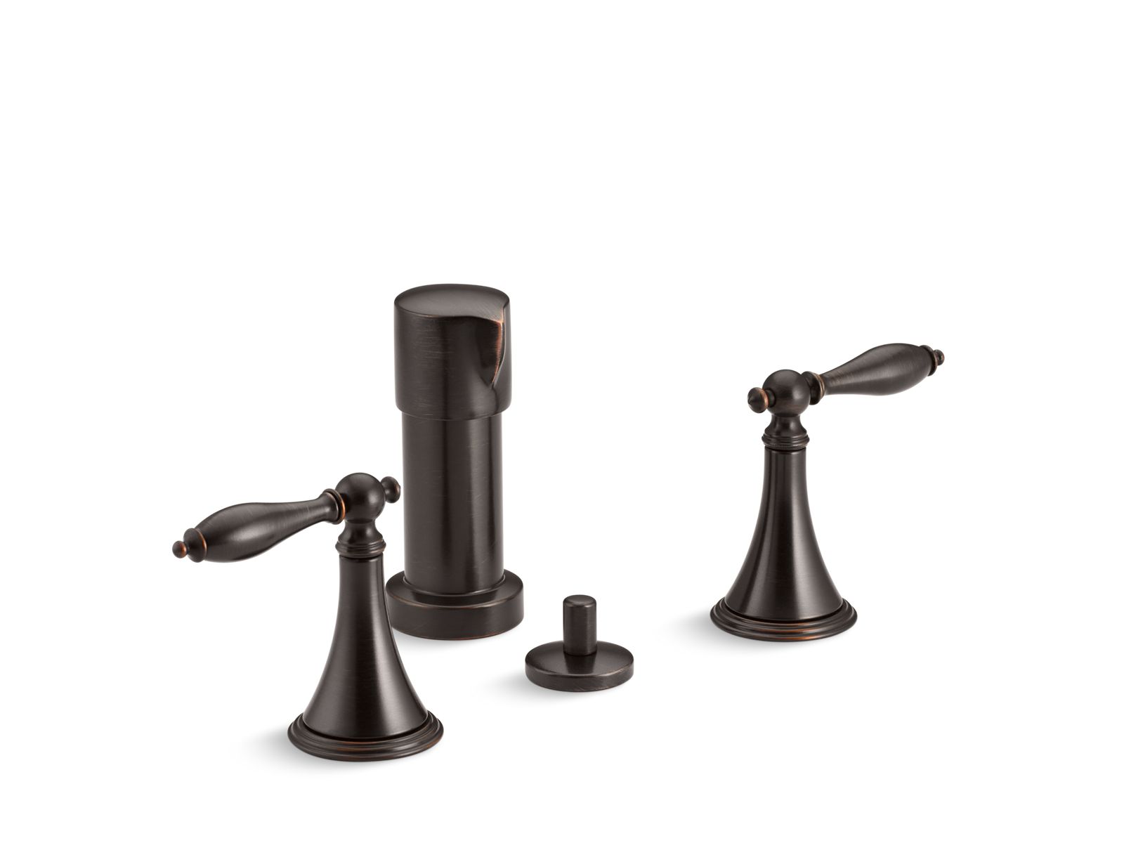 Finial® Vertical spray bidet faucet with lever handles and matching handle inserts