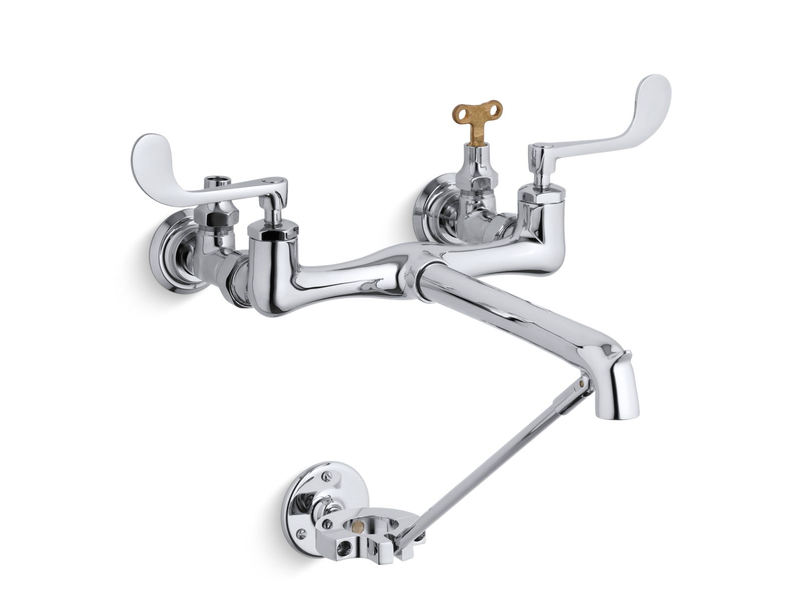 Double wristblade lever handle service sink faucet with loose-key stops and spout with bottom wall brace