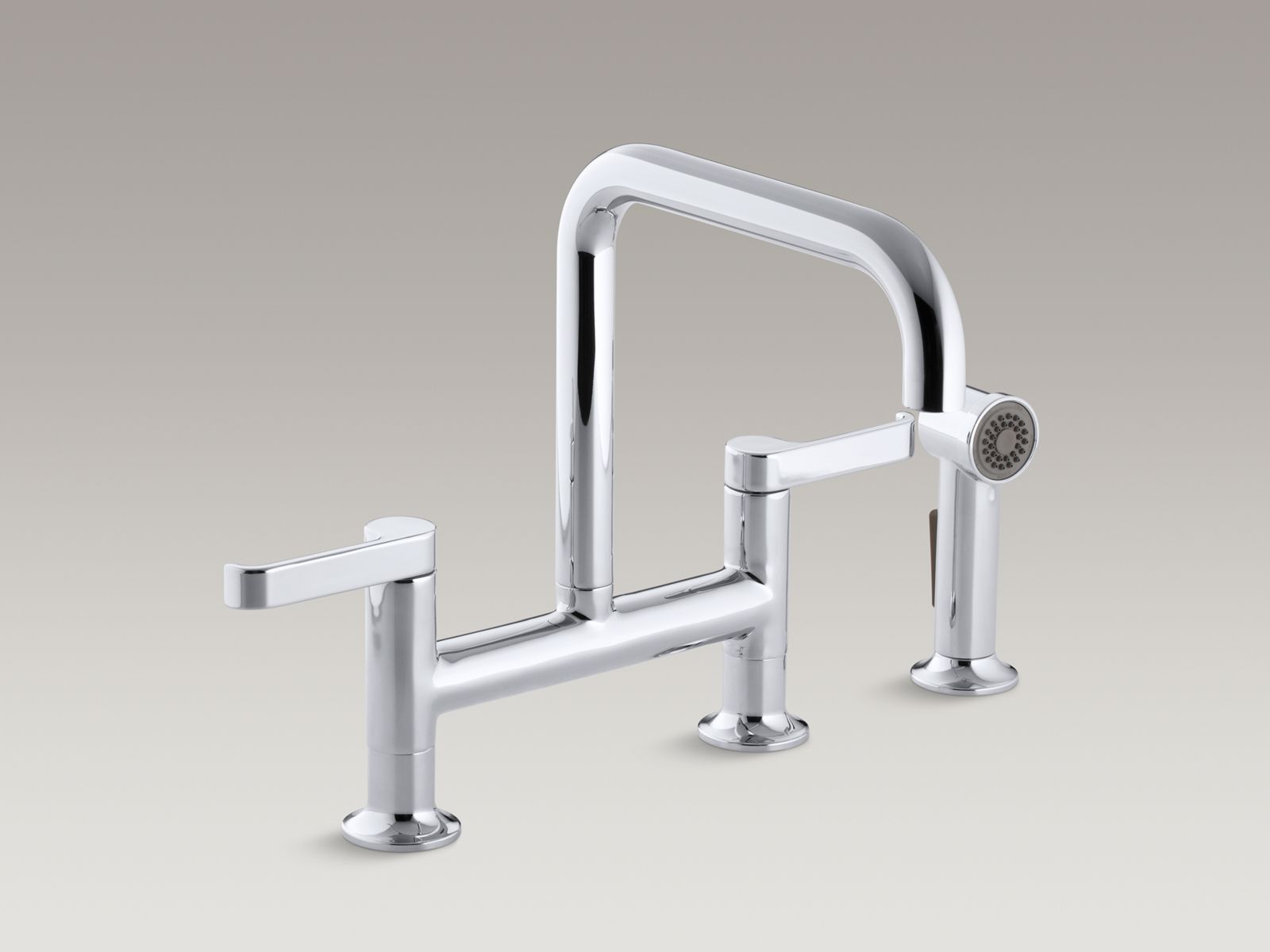 Torq(R) two-hole deck-mount bridge kitchen sink faucet with 8-5/16" spout, matching finish sidespray and lever handles
