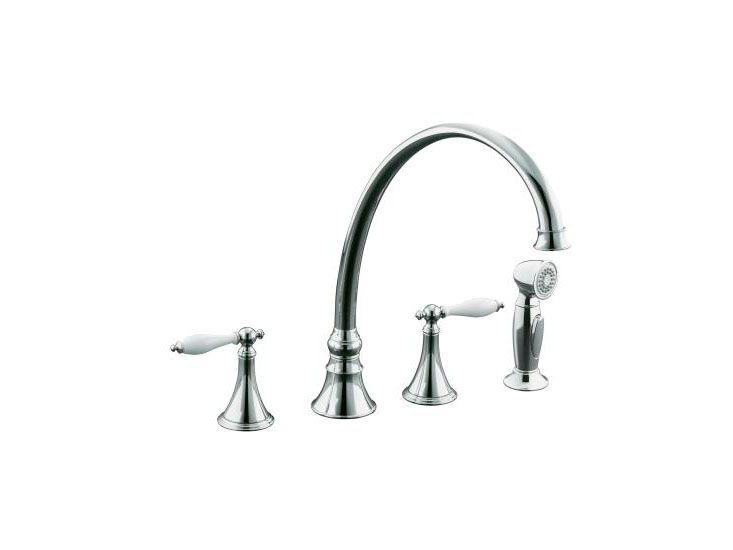 Finial(R) kitchen sink faucet with 11-13/16" spout reach, lever handles with White inserts and sidespray