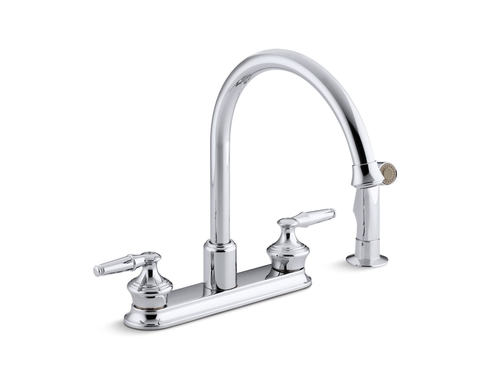 Coralais® Three-hole kitchen sink faucet with 9" gooseneck spout and matching finish sidespray, requires handles
