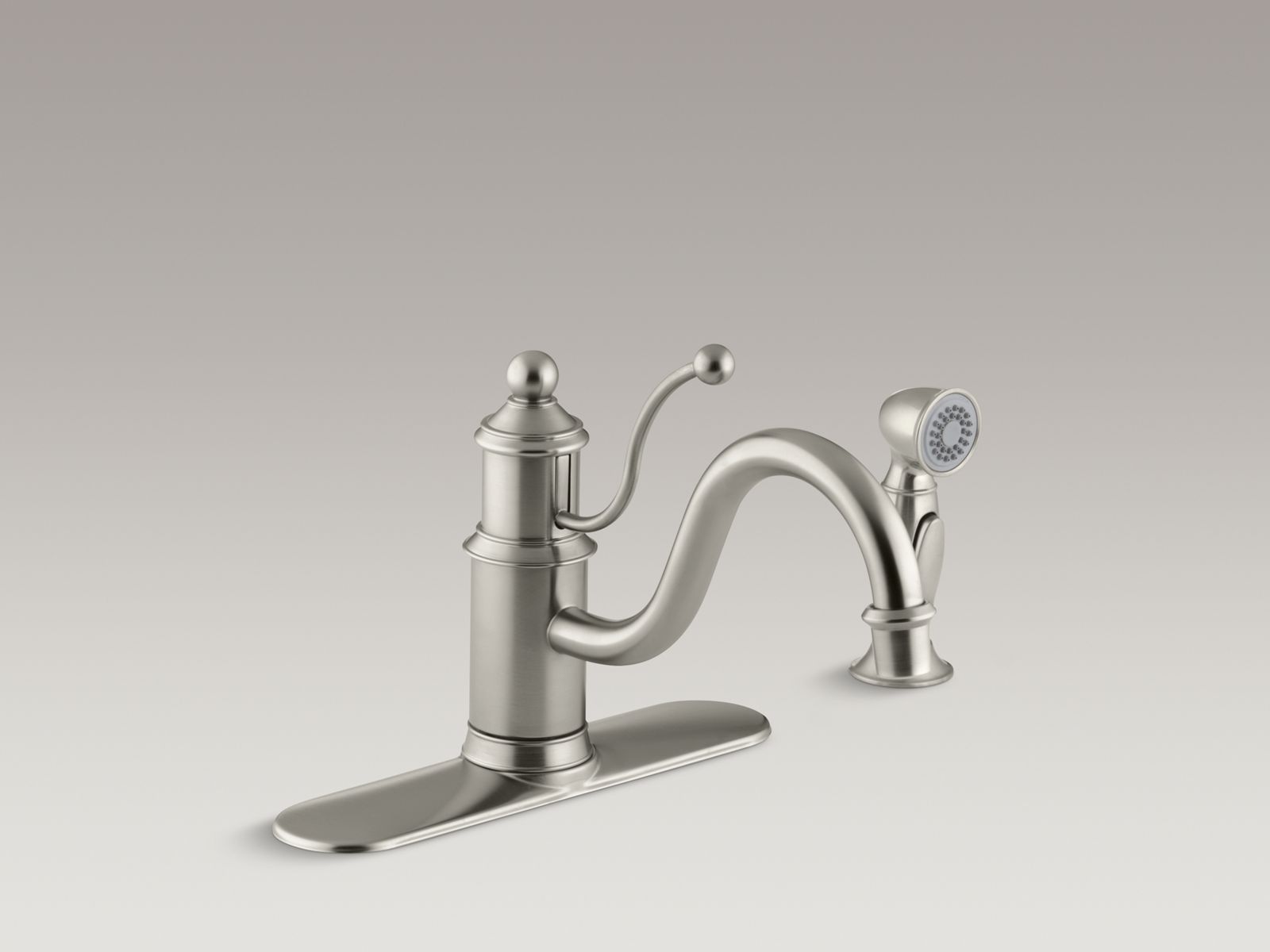 Antique Three-hole kitchen sink faucet with escutcheon plate, 8-7/8" spout , sidespray and lever handle