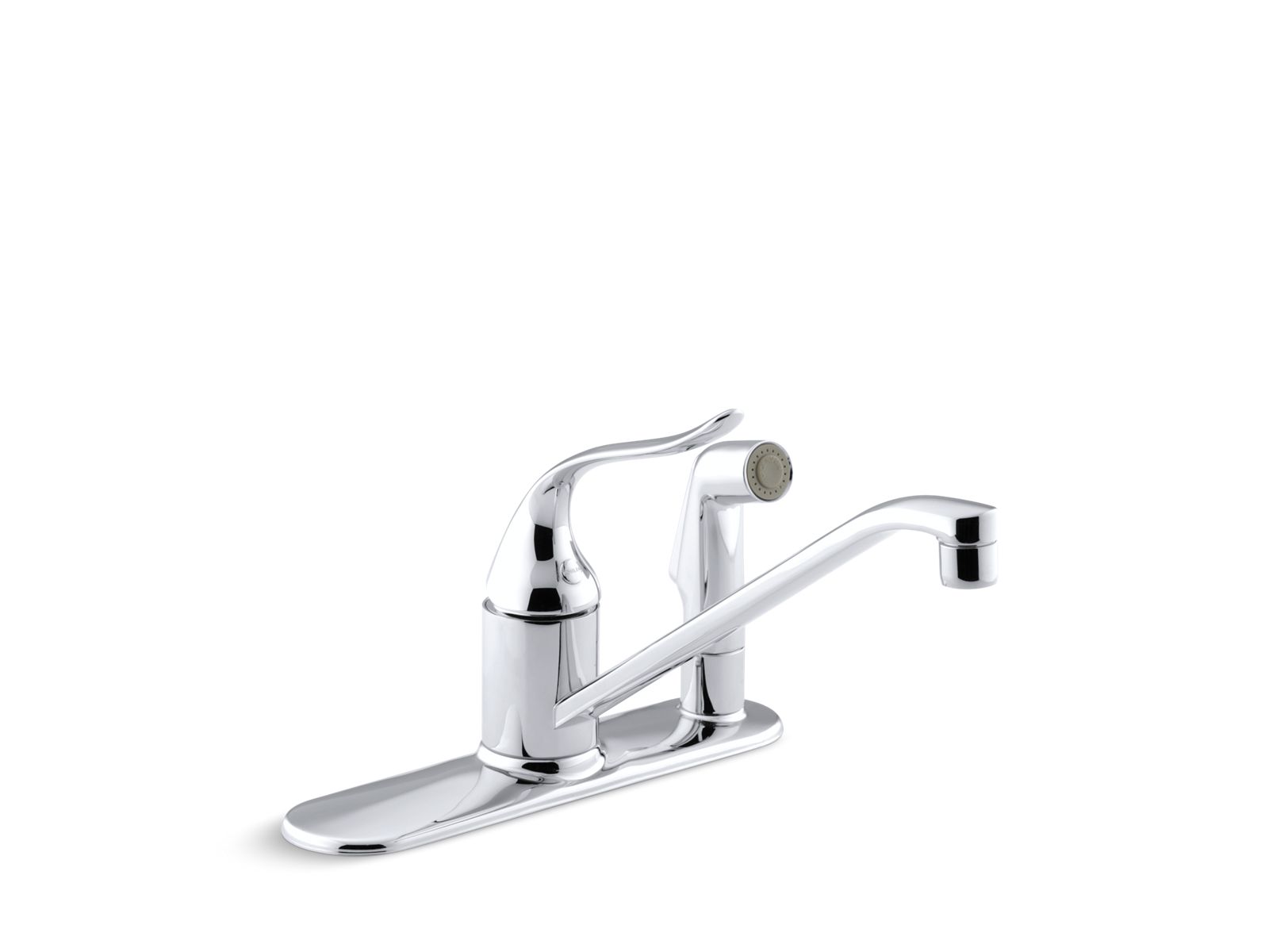 Coralais® Three-hole kitchen sink faucet with 10" spout, matching finish sidespray through escutcheon, ground joints and lever handle