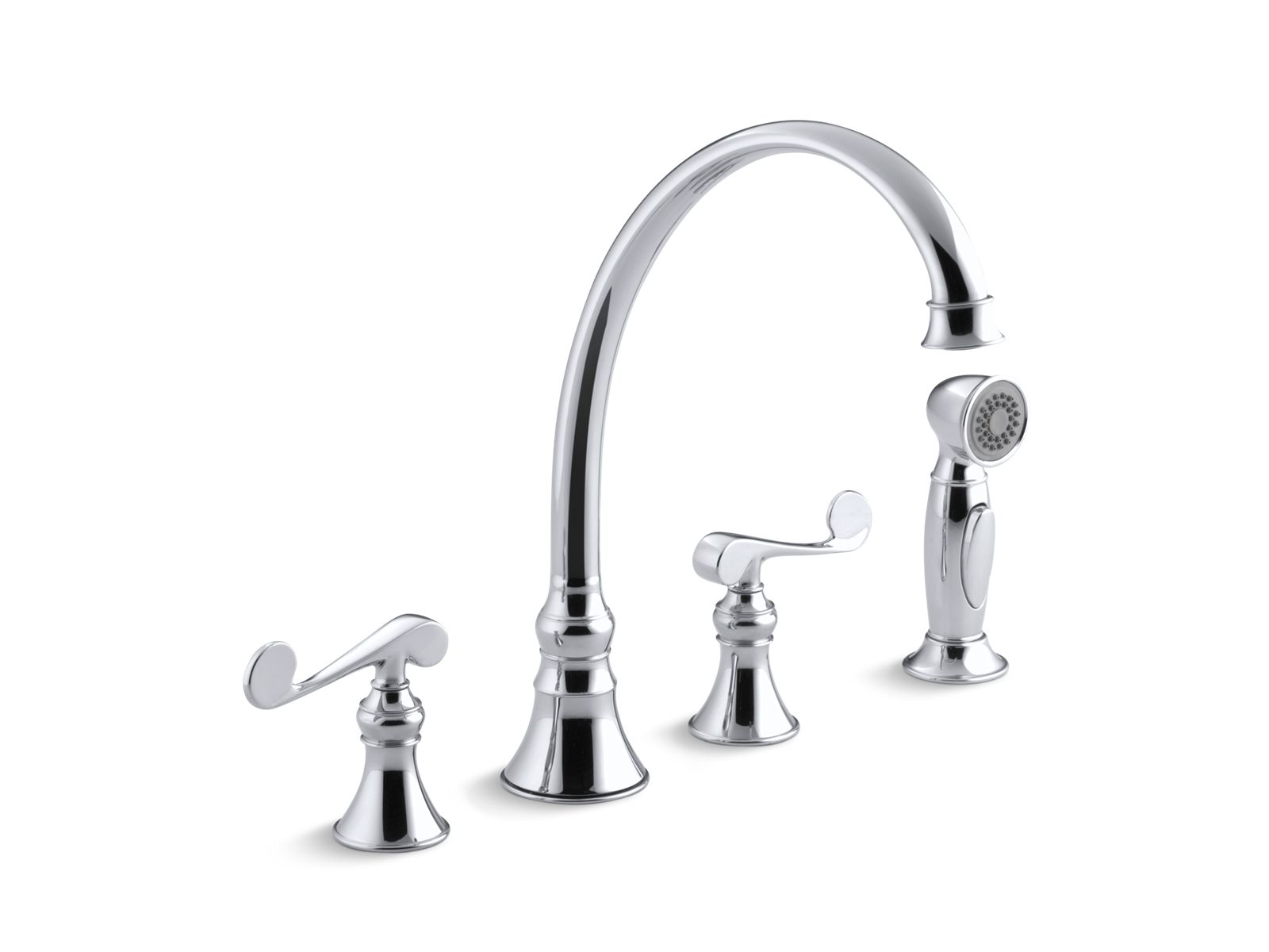 34824-revival-4-hole-kitchen-sink-faucet-with-9-3-16-spout-matching-finish-sidespray-and-scroll-lever-handles-1.jpg Revival® 4-hole kitchen sink faucet with 9-3/16" spout, matching finish sidespray and scroll lever handles