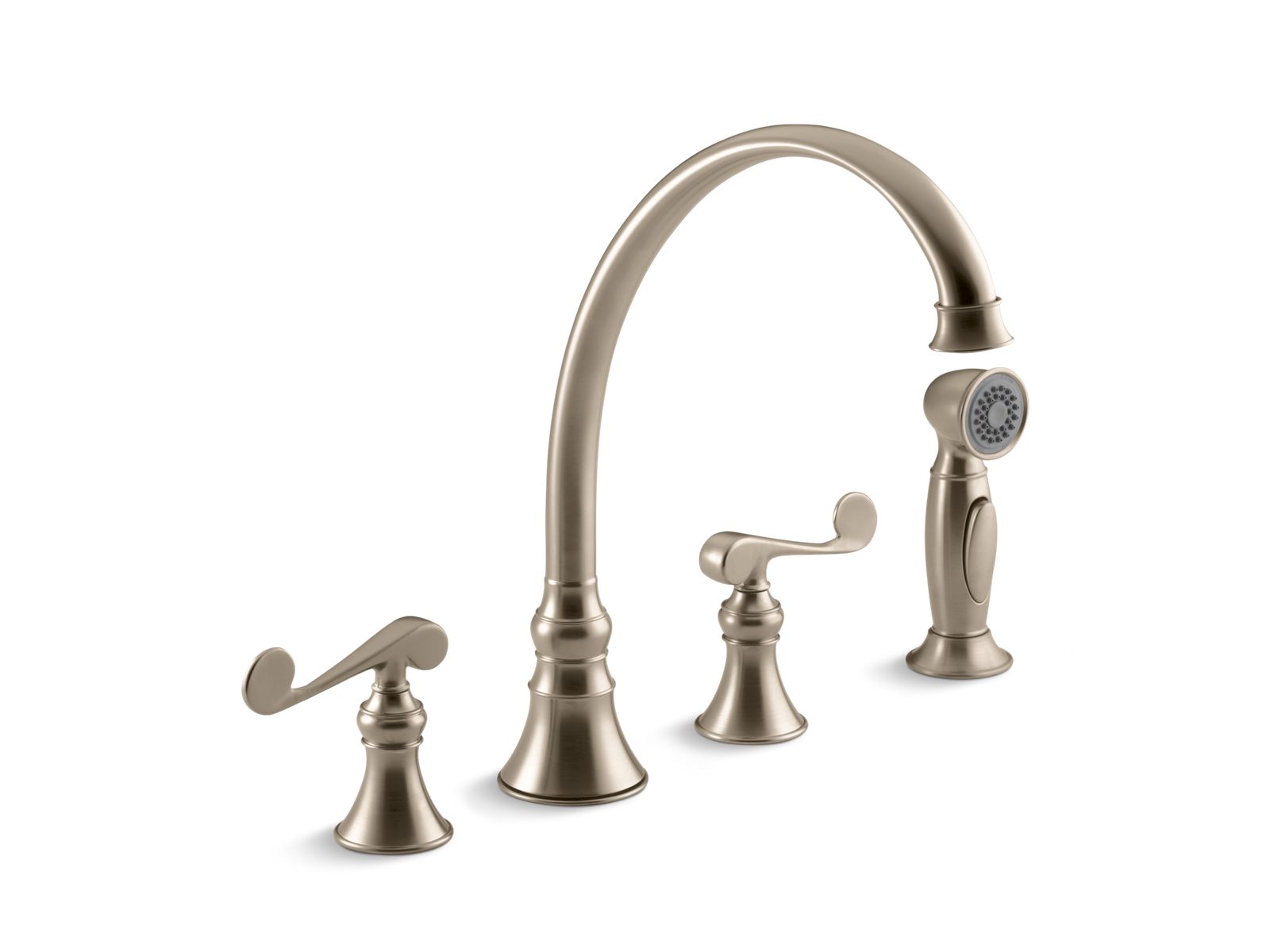 34824-revival-4-hole-kitchen-sink-faucet-with-9-3-16-spout-matching-finish-sidespray-and-scroll-lever-handles-3.jpg Revival® 4-hole kitchen sink faucet with 9-3/16" spout, matching finish sidespray and scroll lever handles