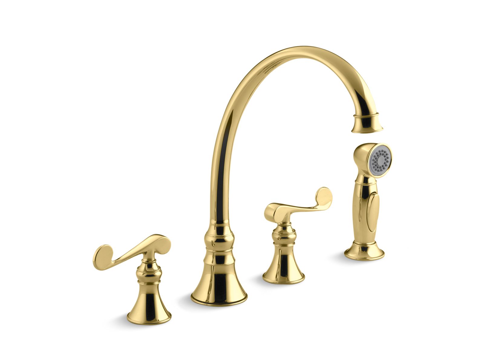 34824-revival-4-hole-kitchen-sink-faucet-with-9-3-16-spout-matching-finish-sidespray-and-scroll-lever-handles-4.jpg Revival® 4-hole kitchen sink faucet with 9-3/16" spout, matching finish sidespray and scroll lever handles