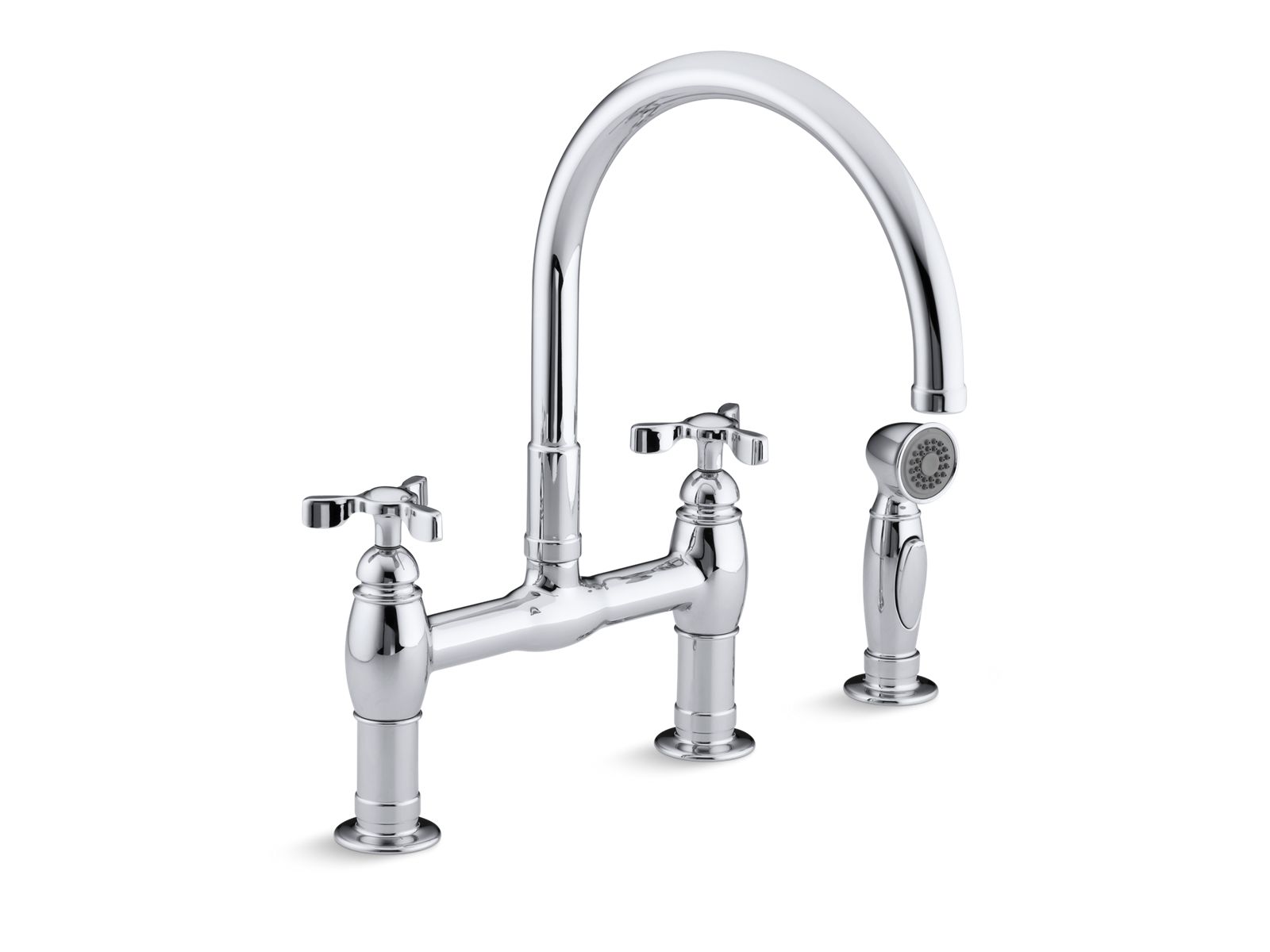 Parq® Three-hole deck-mount bridge kitchen sink faucet with 9" gooseneck, matching finish sidespray and tri handles
