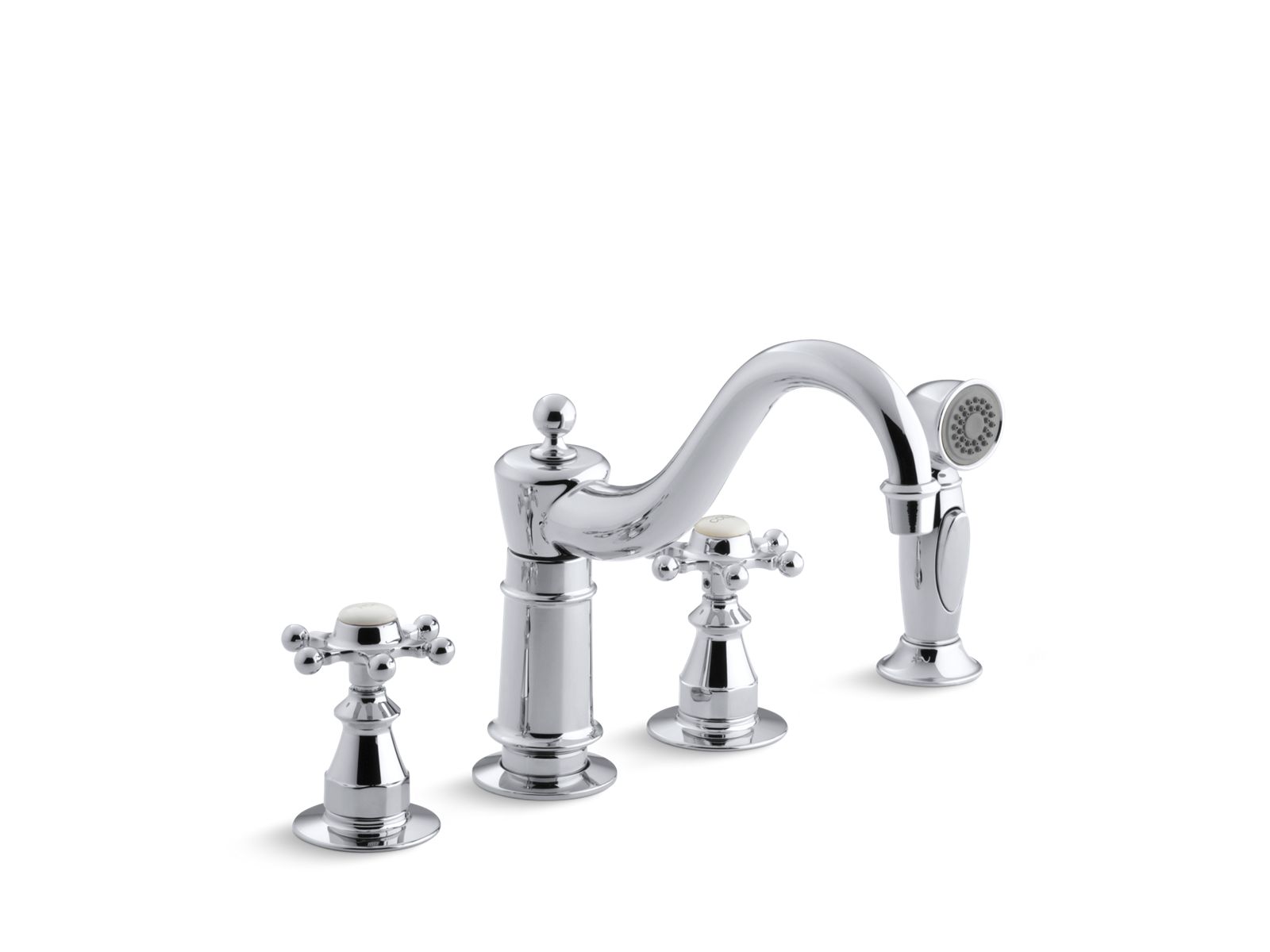 Antique Three-hole kitchen sink faucet with 8-5/8" spout, sidespray and 6-prong handles