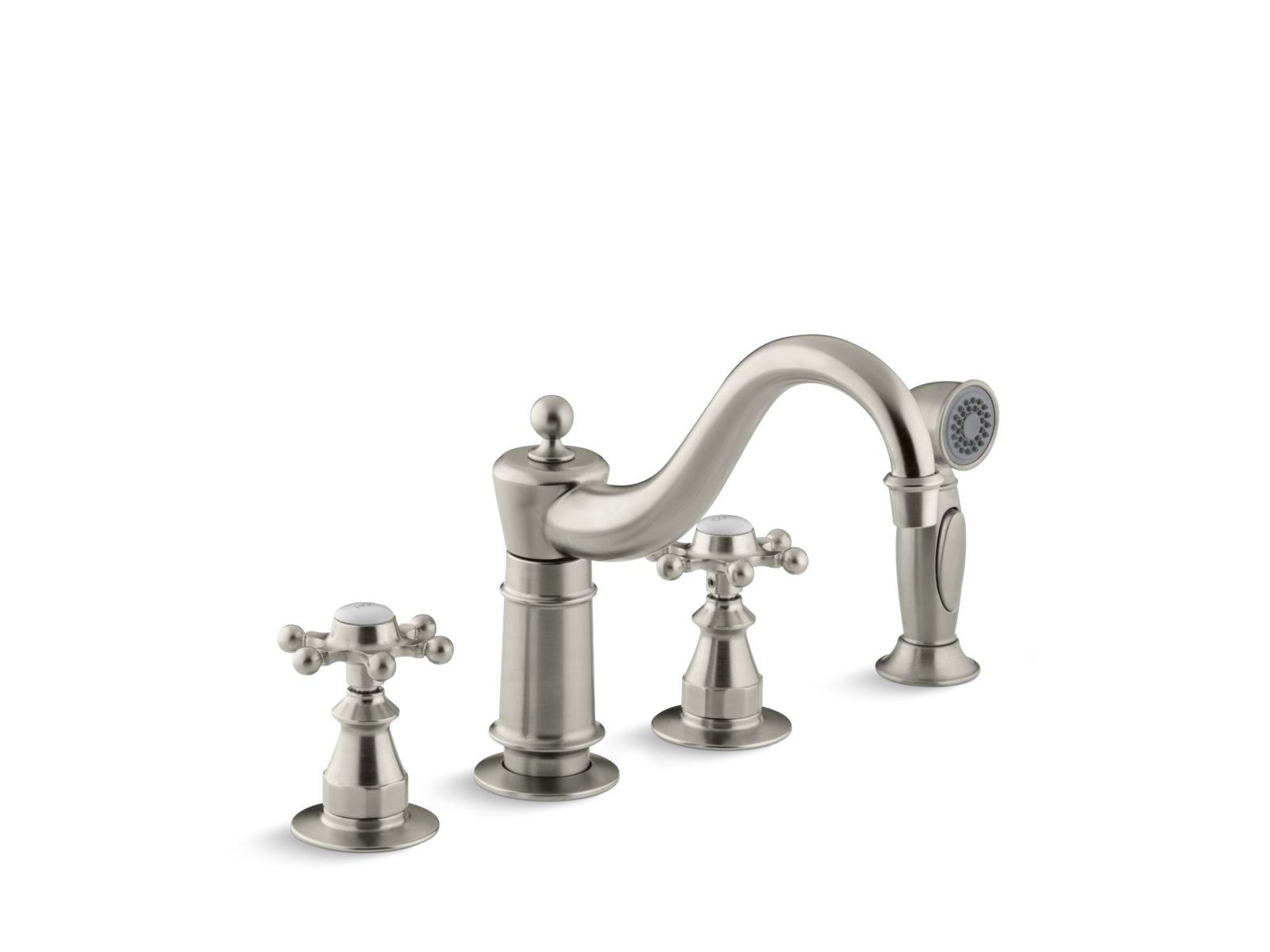 Antique Three-hole kitchen sink faucet with 8-5/8" spout, sidespray and 6-prong handles