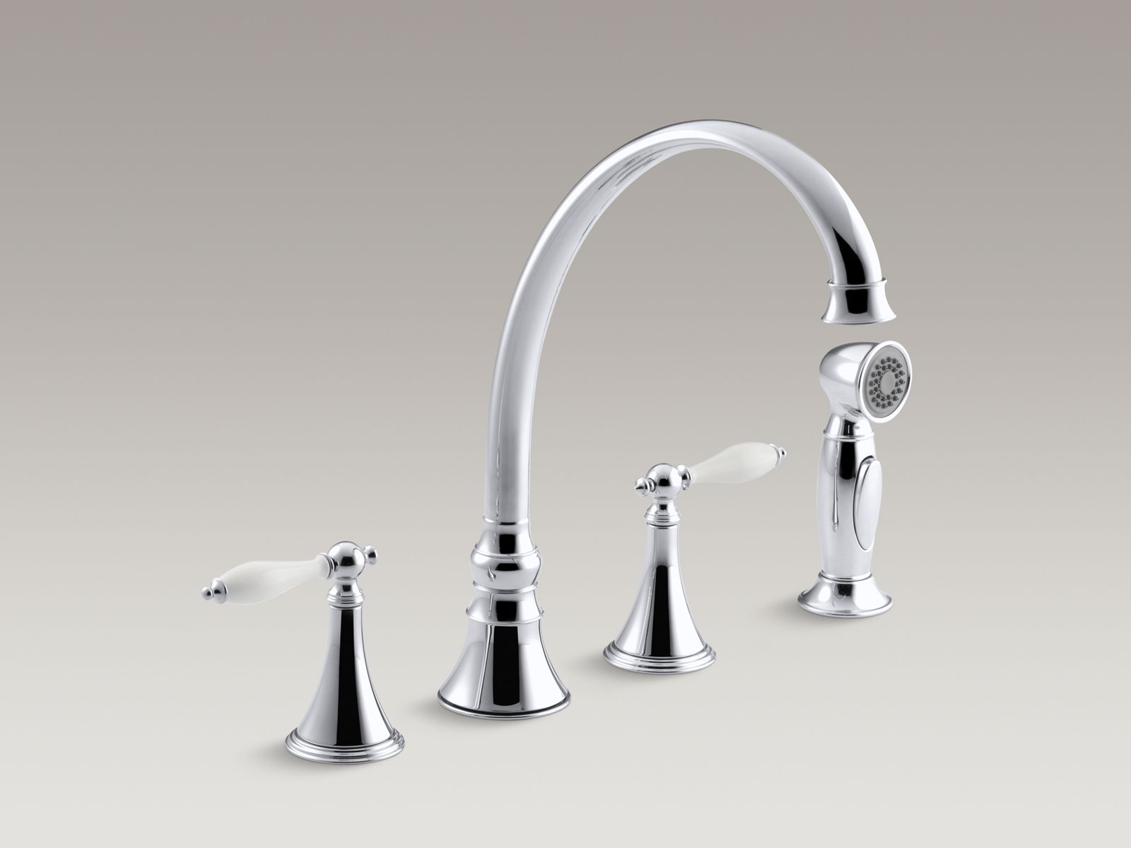 Finial® 4-hole kitchen sink faucet with 9-3/16" spout, matching finish sidespray and lever handles with White inserts