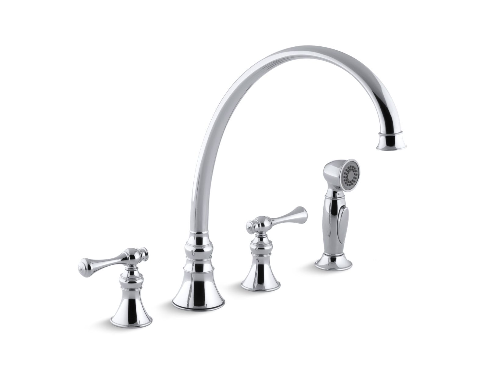 Revival® 4-hole kitchen sink faucet with 11-13/16" spout, matching finish sidespray and traditional lever handles