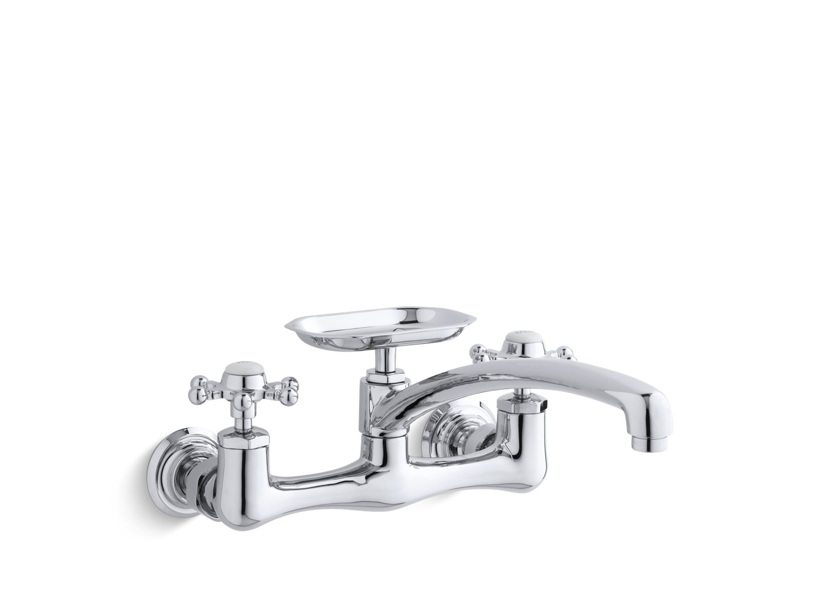 Antique Two-hole wall-mount kitchen sink faucet with 12" spout, soap dish and 6-prong handles