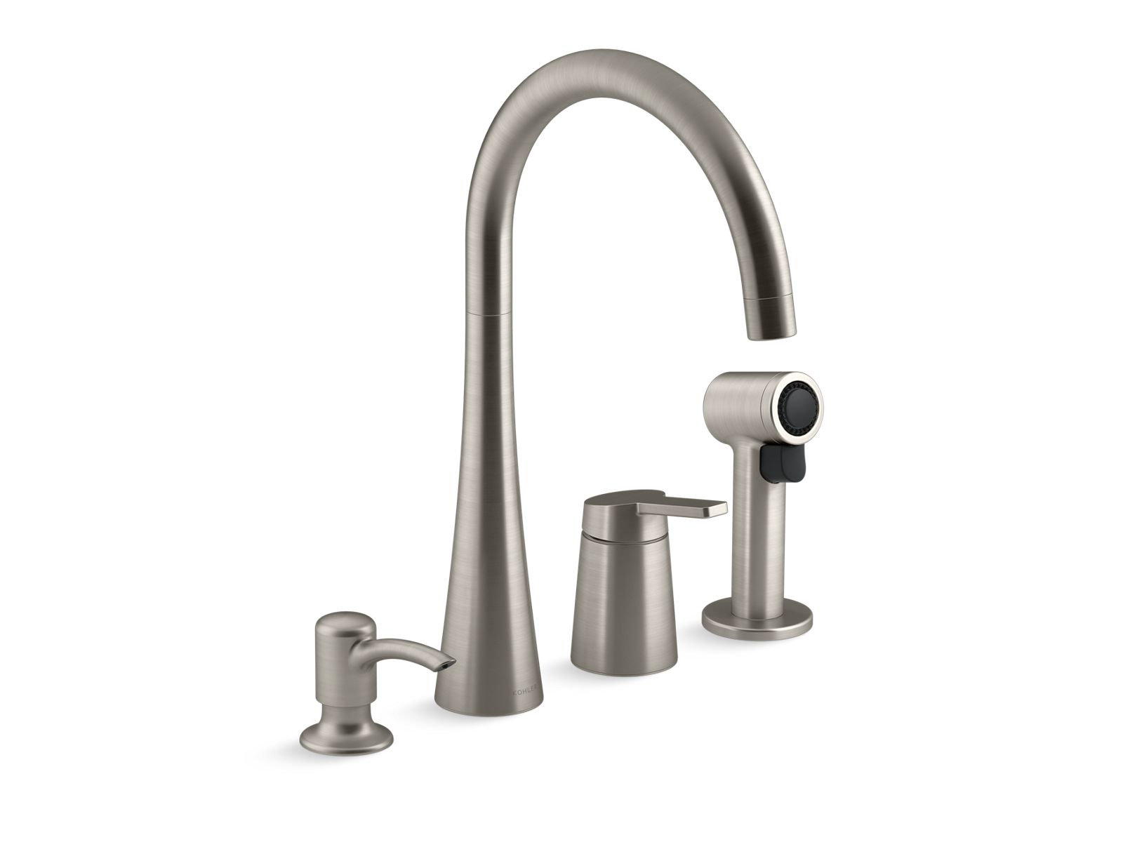 Koi® Kitchen faucet with single handle, sidespray and soap/lotion dispenser
