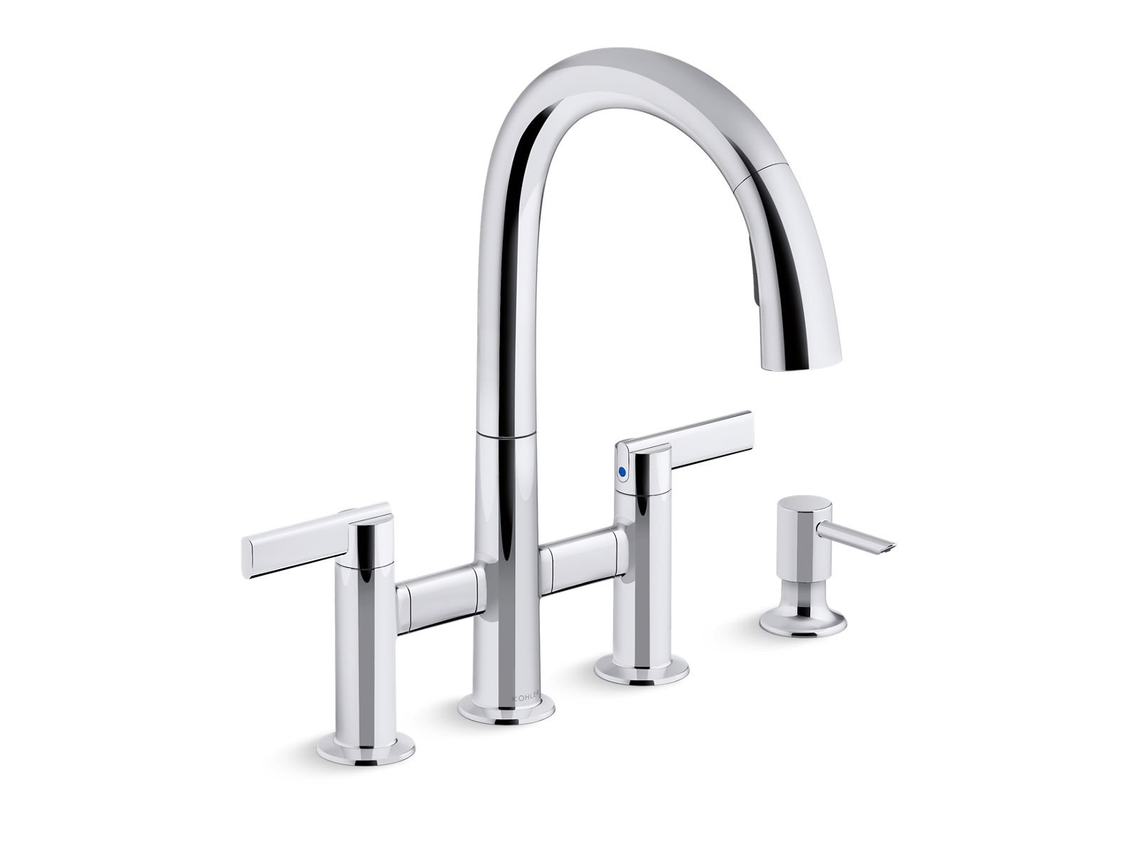 Otira® Pull-down bridge kitchen sink faucet with soap/lotion dispenser