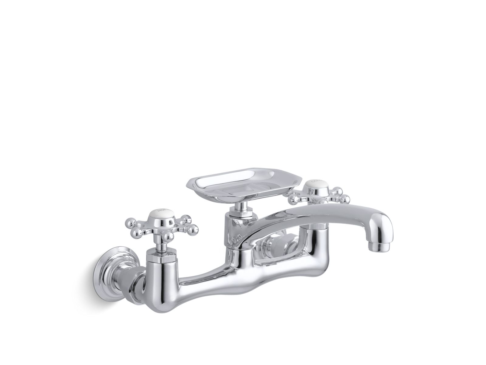 Antique Two-hole wall-mount kitchen sink faucet with 8" spout, soap dish and 6-prong handles