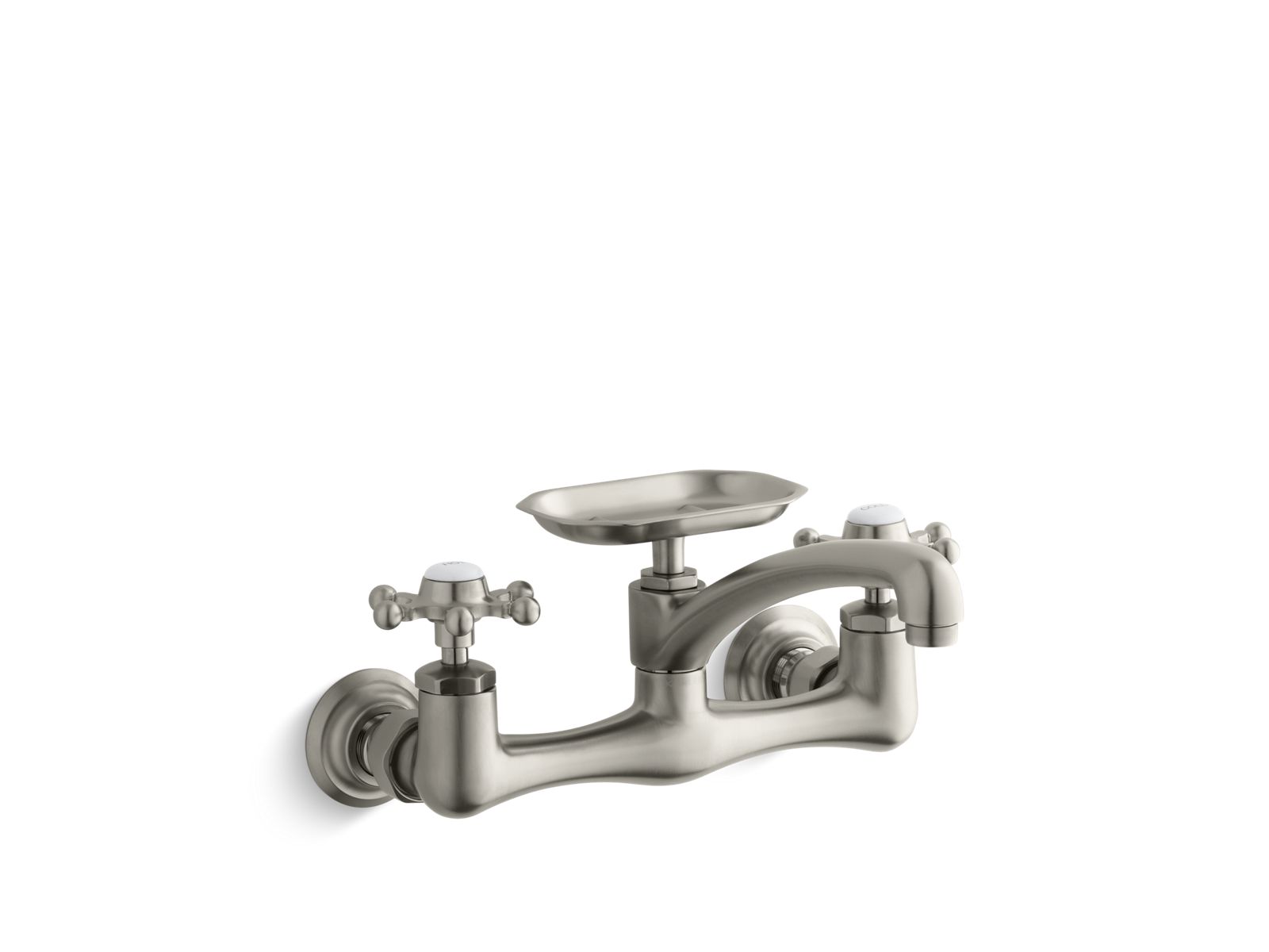 Antique Two-hole wall-mount kitchen sink faucet with 8" spout, soap dish and 6-prong handles