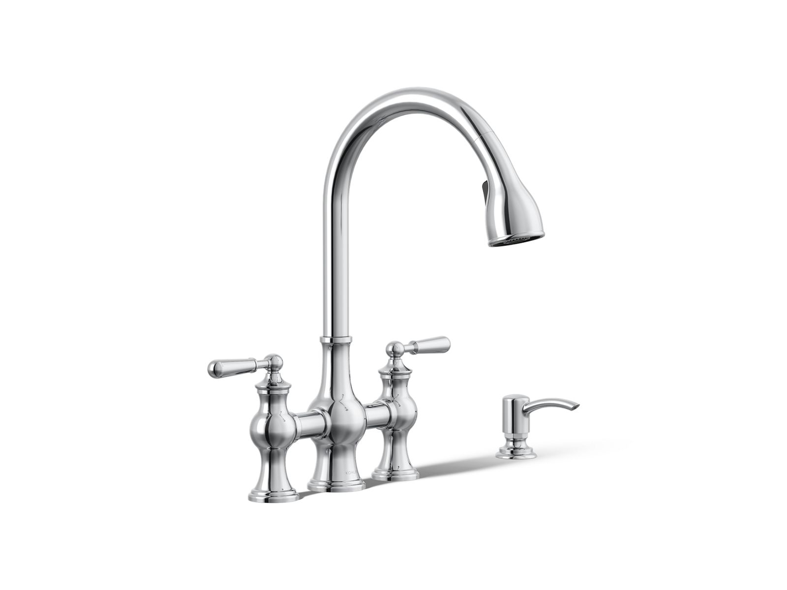 Capilano® Pull-down bridge kitchen faucet with soap/lotion dispenser