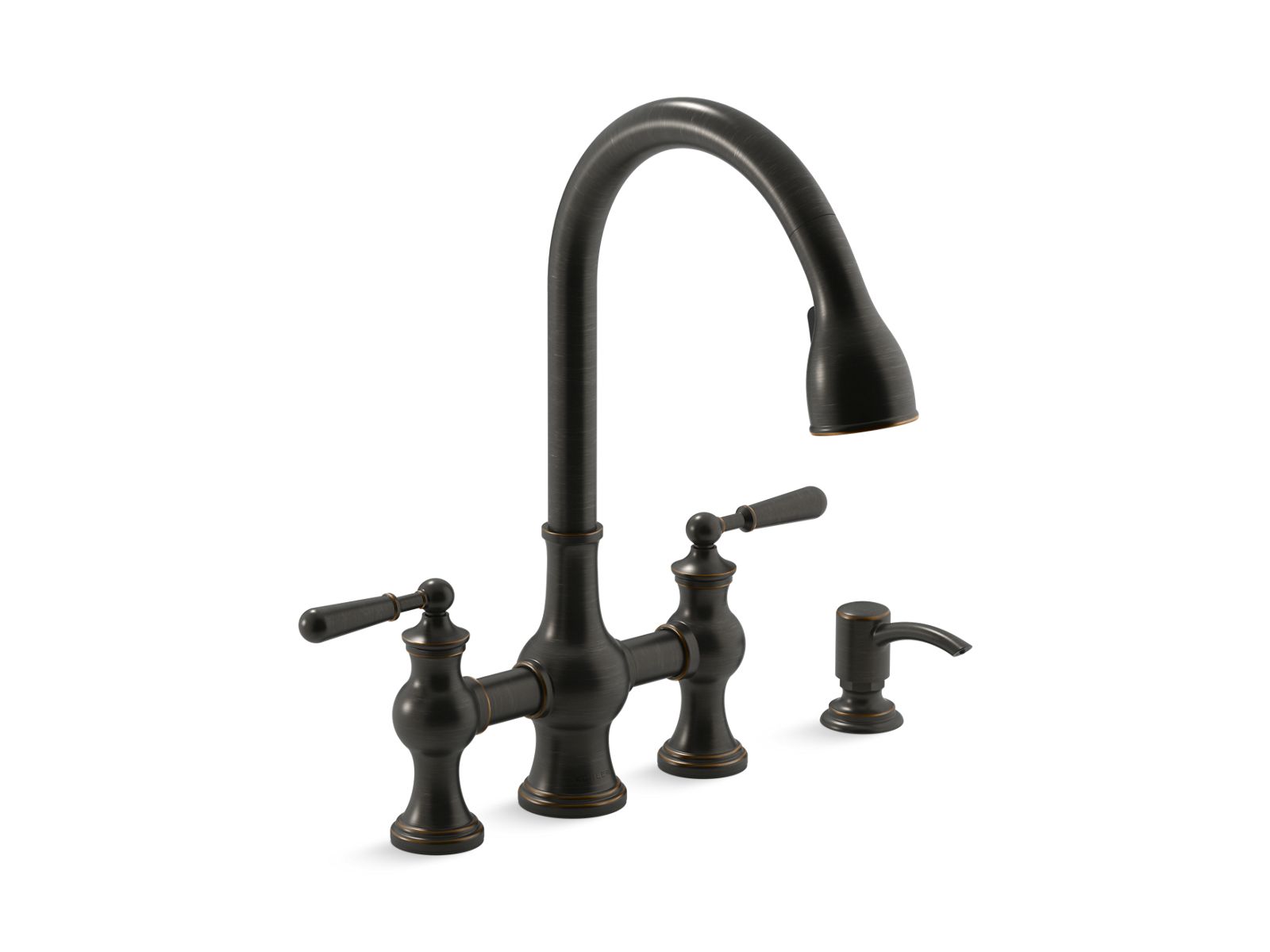 Capilano® Pull-down bridge kitchen faucet with soap/lotion dispenser