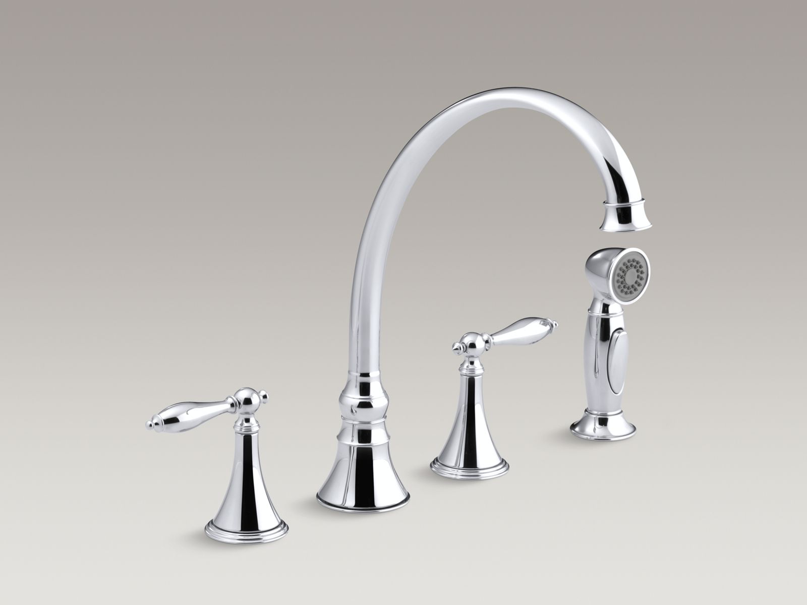 Finial® 4-hole kitchen sink faucet with 9-3/16" spout, matching finish sidespray and lever handles