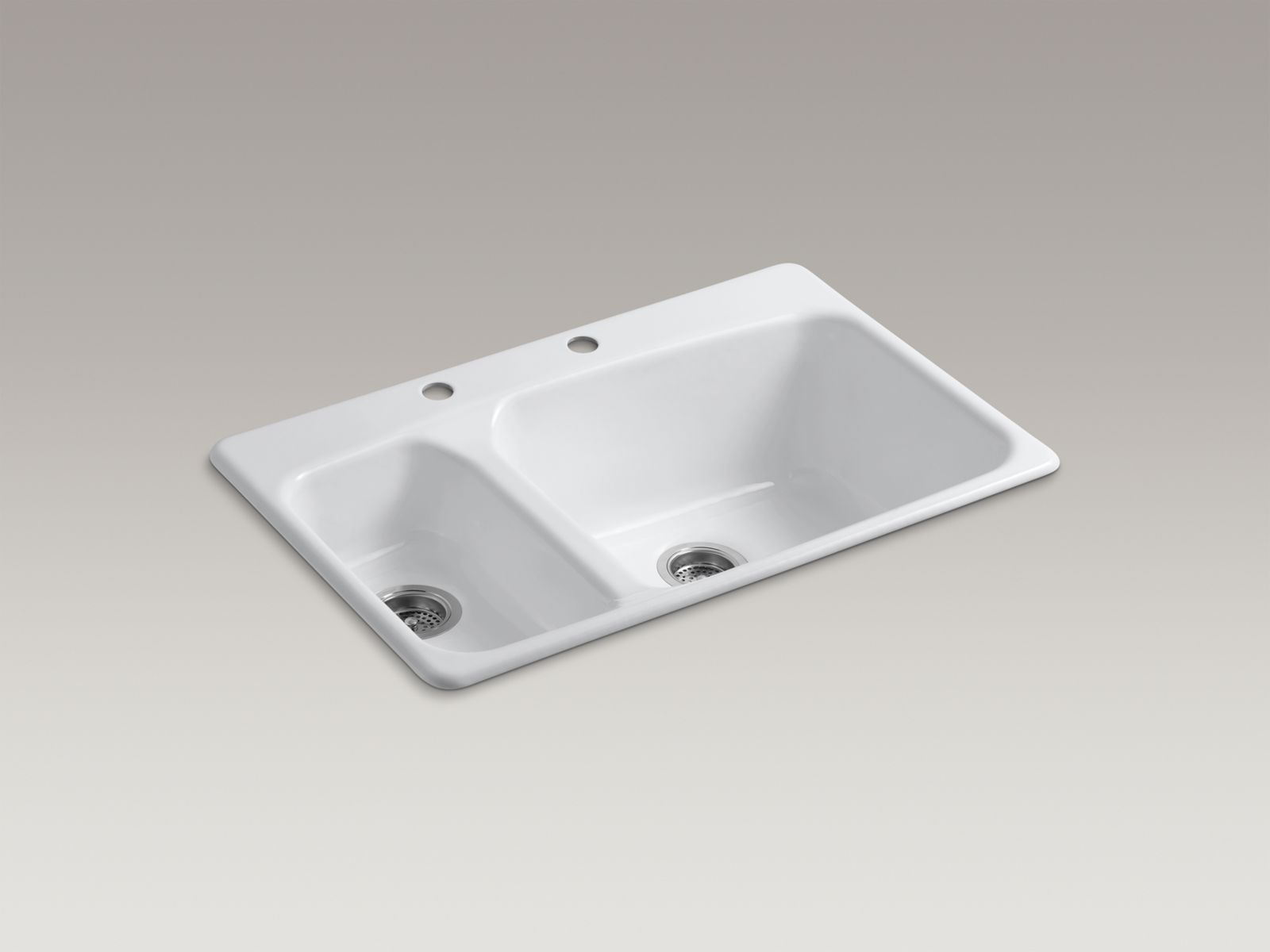 Lakefield(TM) 33" x 22" x 10-1/4" top-mount high/low double-bowl kitchen sink with 2 faucet holes