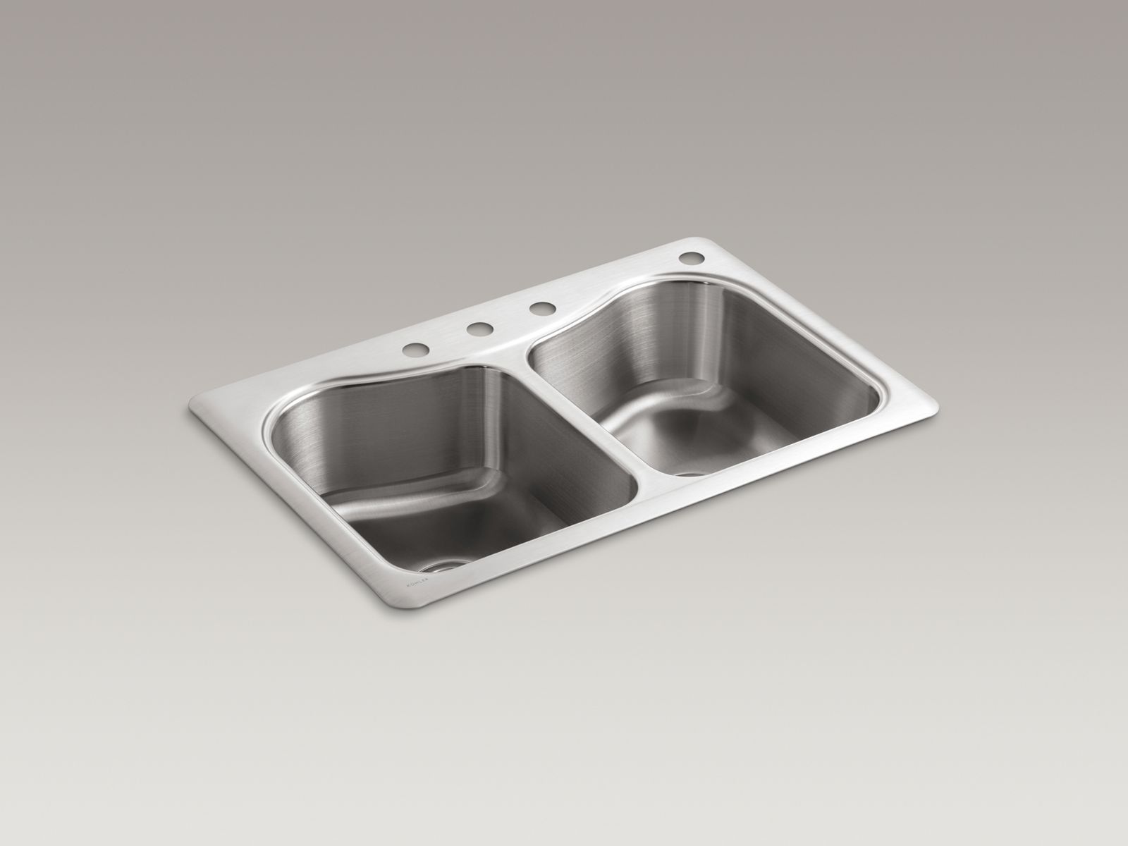 Staccato™ 33" x 22" top-mount double-equal bowl kitchen sink with 4 faucet holes