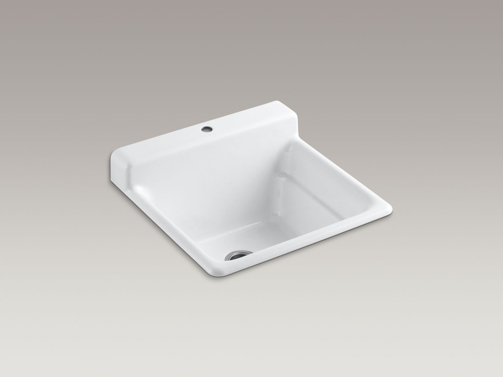 Bayview(TM) top-mount utility sink with single faucet hole on top of backsplash