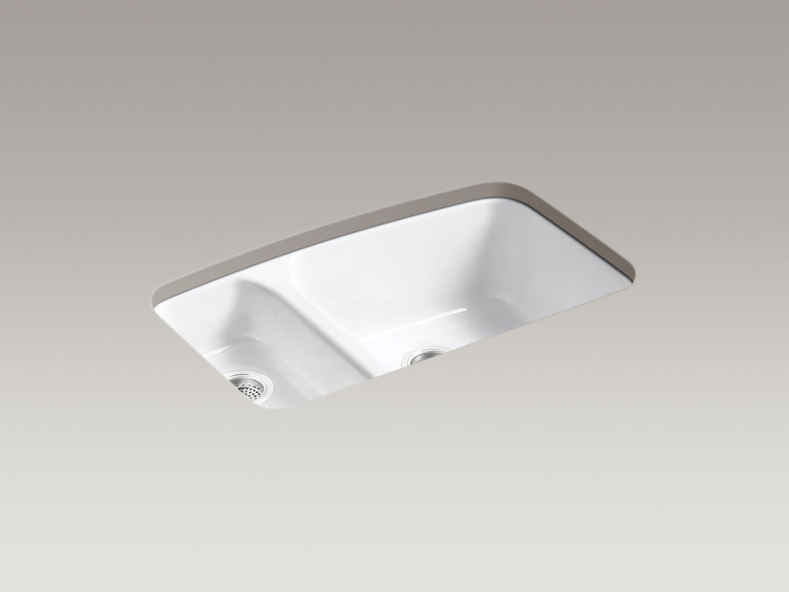 Lakefield(TM) 33" x 22" x 10-1/4" under-mount high/low double-bowl kitchen sink with 5 oversize faucet holes and installation kit