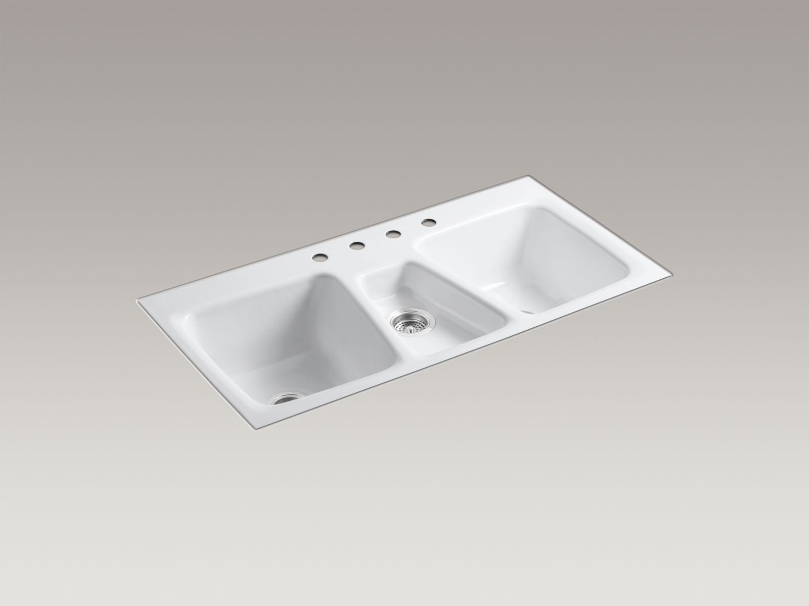 Trieste(TM) 43" x 22" x 8-5/8" tile-in triple bowl kitchen sink with 4 faucet holes