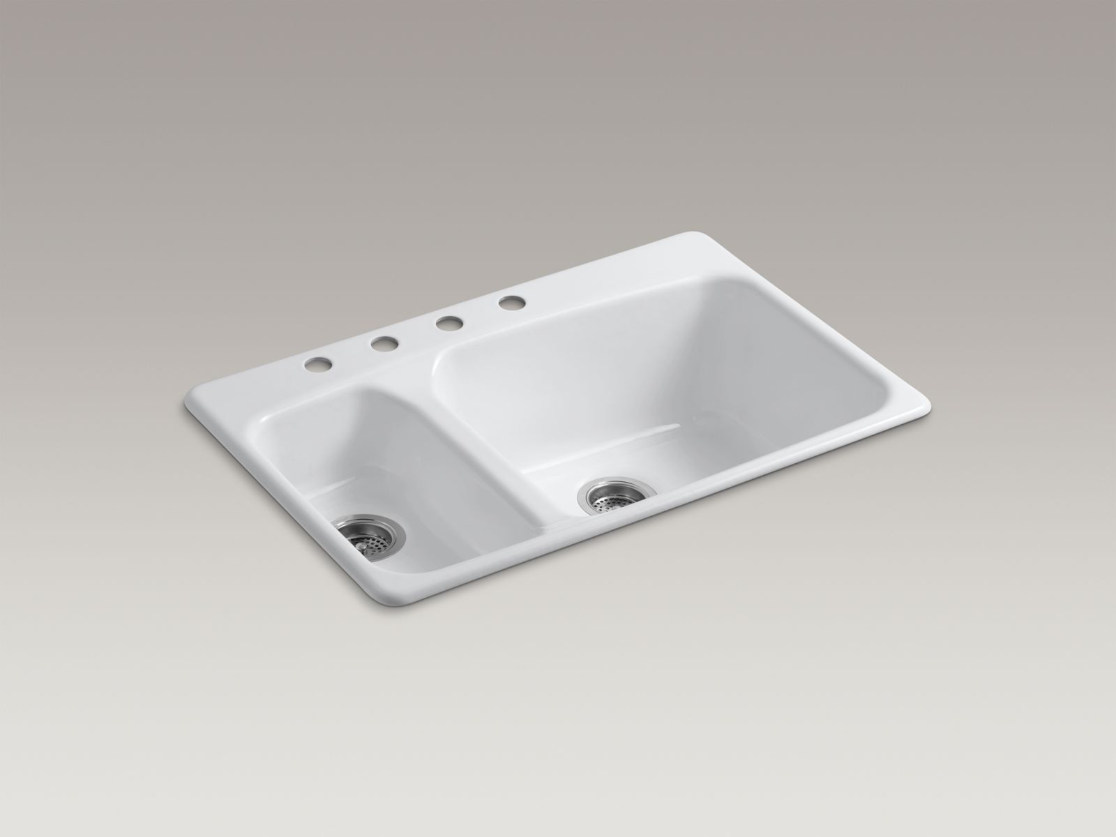 Lakefield(TM) 33" x 22" x 10-1/4" top-mount high/low double-bowl kitchen sink with 4 faucet holes