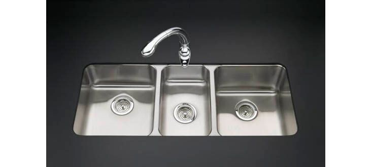 Undertone(R)  41-3/4" x 18" x 9-1/2" under-mount triple bowl kitchen sink with right bowl 9-1/2" deep, left bowl 7-1/2" deep and center bowl 5-1/2" deep