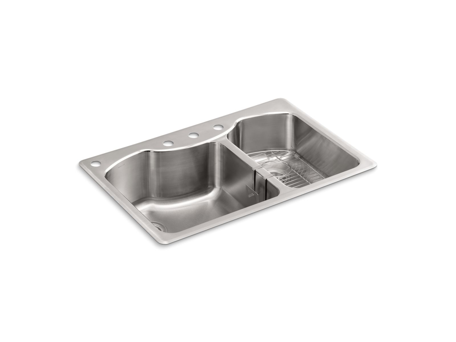 Octave® 33" x 22" x 9-5/16" top-mount large/medium double-bowl stainless steel kitchen sink with four faucet holes