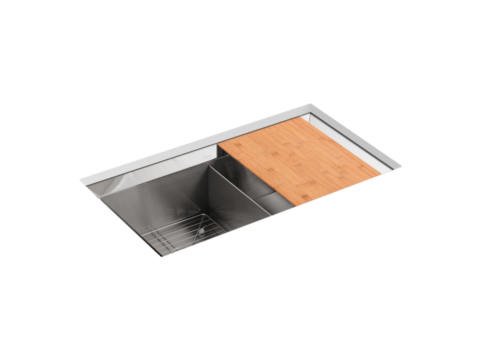 Poise® 33" x 18" x 9-1/2" undermount double-equal bowl kitchen sink with mirror finished rim, includes cutting board and bottom bowl rack